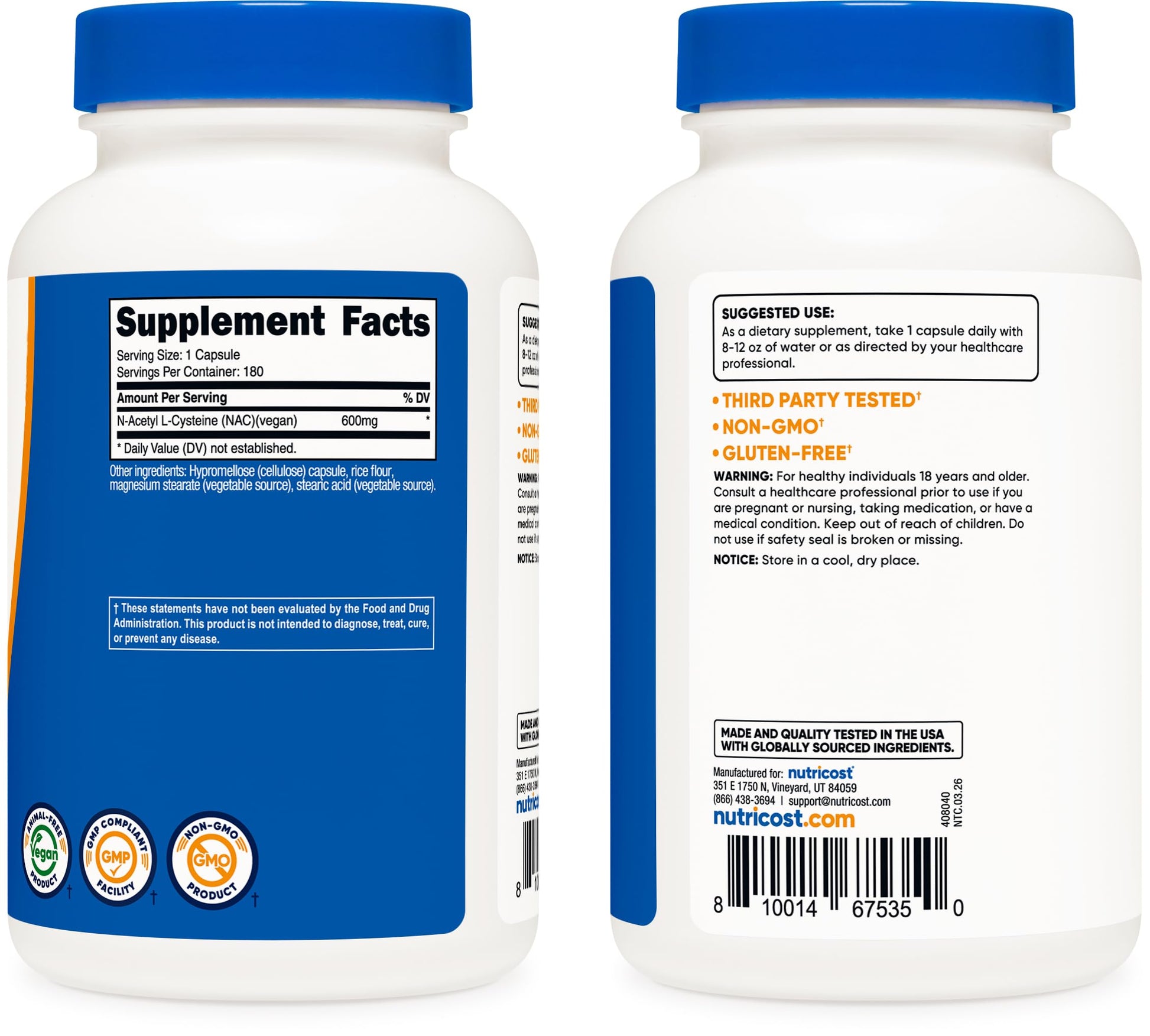 Nutricost N-Acetyl L-Cysteine (NAC) 600mg, 180 Capsules - Non-GMO, Gluten Free Nutricost buy supplements canada
