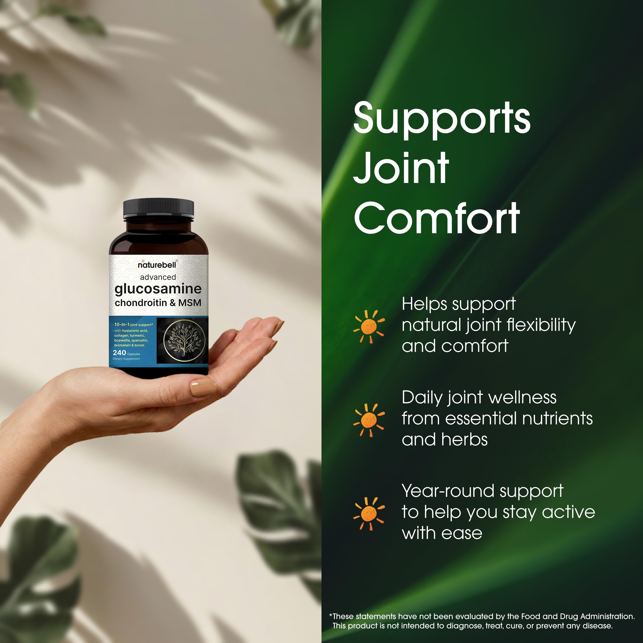 NatureBell Advanced Glucosamine Chondroitin & MSM - 240 Capsules - 10-in-1 Joint Support Complex* - Includes Hyaluronic Acid, Turmeric, Glucosamine, Collagen & More NatureBell buy supplements canada