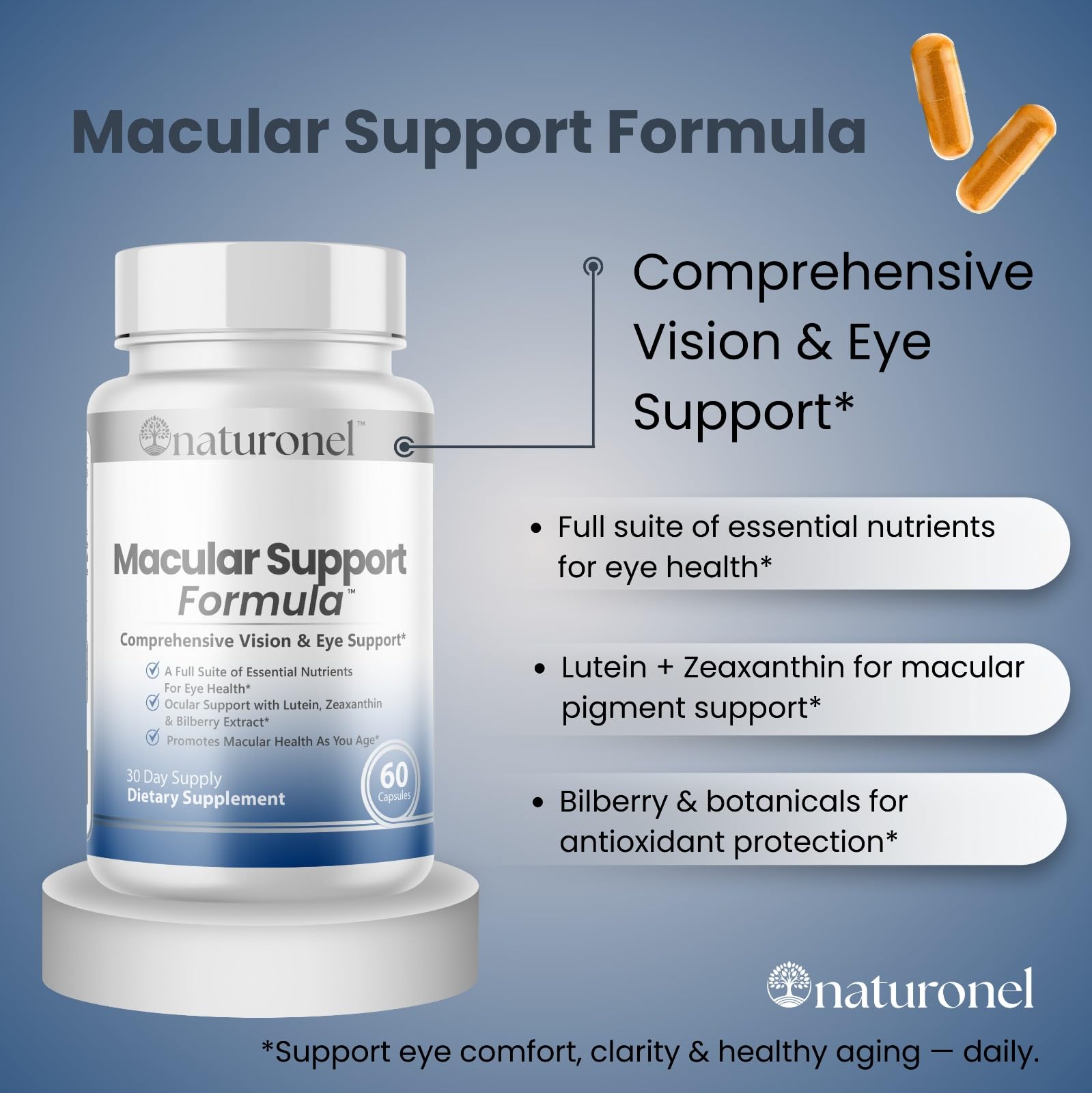 Naturonel Macular Support Formula – Vision & Eye Health with Lutein, Zeaxanthin, Bilberry, Eyebright & Antioxidants | Non-GMO, Made in USA, GMP Certified – 60 Capsules, 30 Day Supply (1) Naturonel buy supplements canada