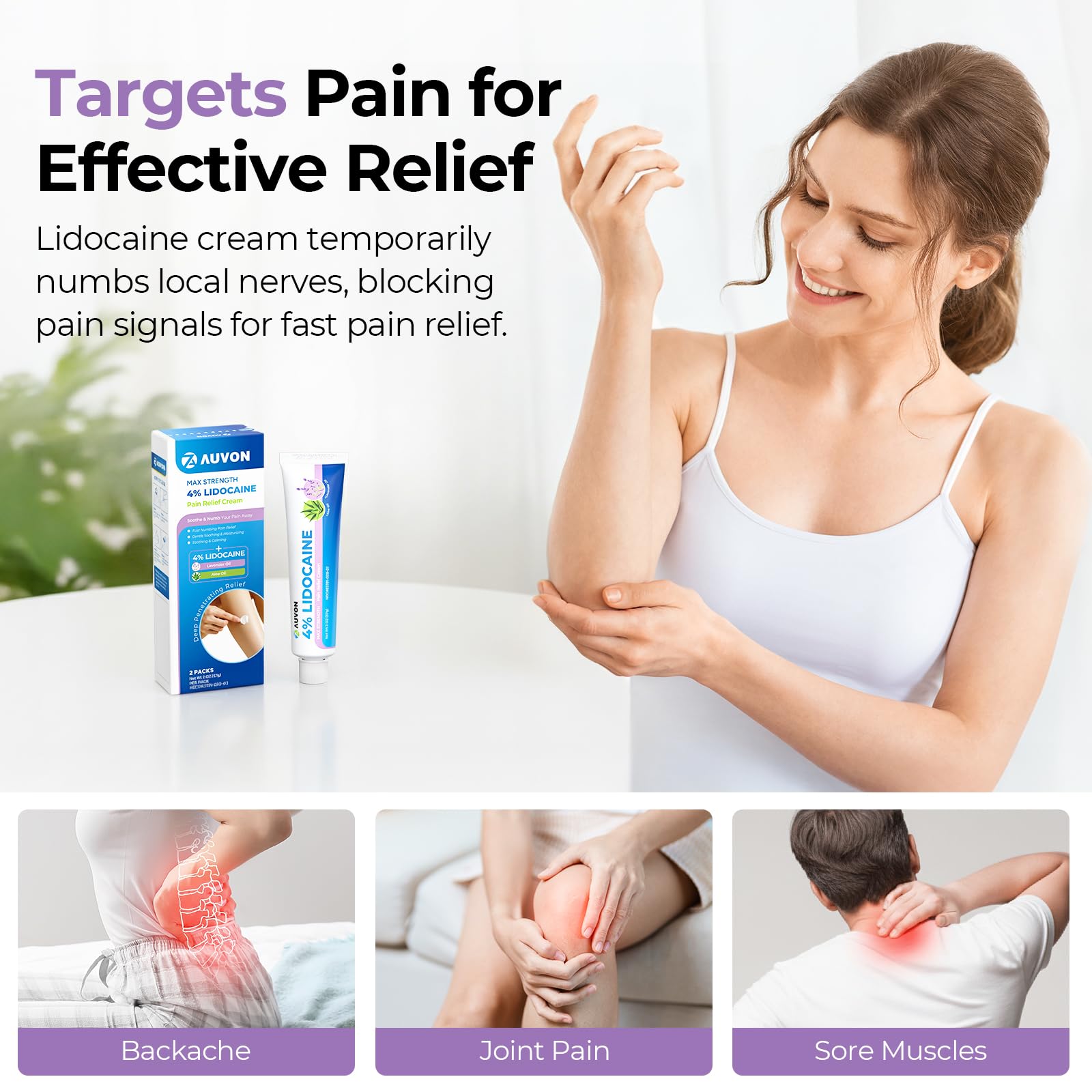 AUVON Max Strength Lidocaine Pain Relief Cream with Lavender & Aloe Vera, Numbing Cream for Minor Arthritis Pain, Soothing Muscle for Neck, Shoulder, Hip, Knee, Joint and Back Pain, 2 Oz, 2 Packs AUVON buy supplements canada