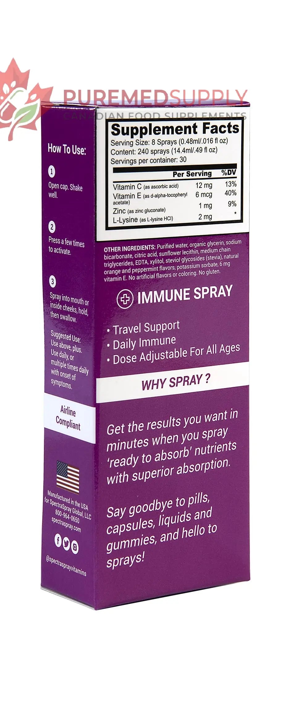 Spectraspray Immune Support Vitamin Spray - Vitamins C, E, Zinc and L-Lysine, 30 Day Supply per Spray Spectraspray buy supplements canada