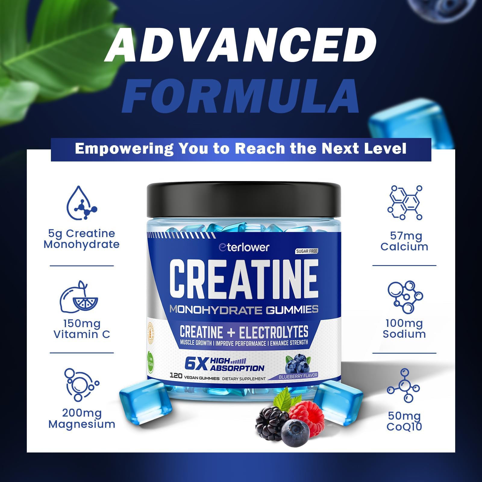 eterlower Creatine Monohydrate Gummies 5g – Pre-Workout Energy & Muscle Growth Support for Men & Women | Blueberry Electrolyte Gummies, 120 Count eterlower buy supplements canada