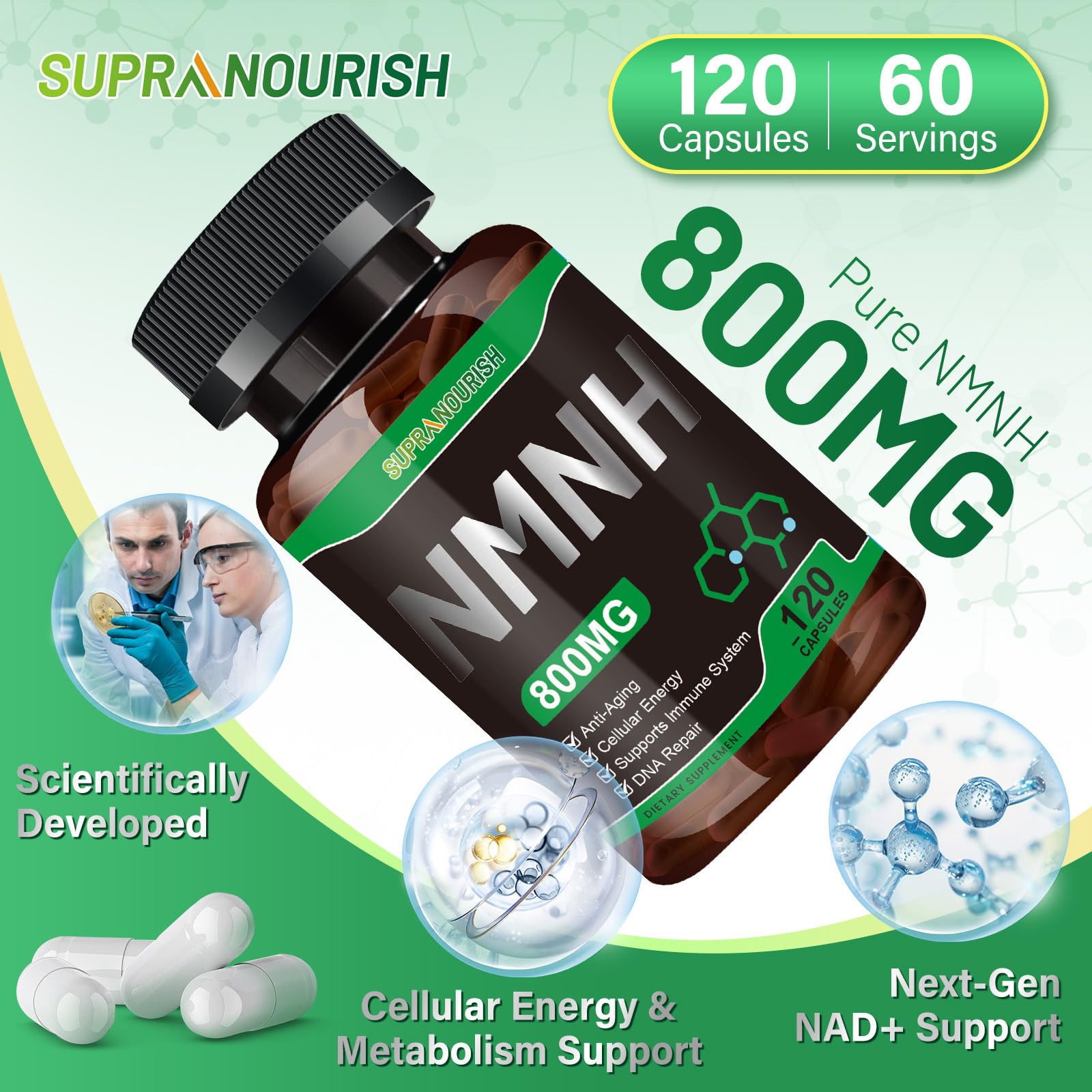 SUPRANOURISH Pure NMNH Supplement 120 Capsules - 800mg High-Purity NMNH Supplements, NAD Supplement for Boost NAD+ for Anti-Aging & Cellular Energy SUPRANOURISH buy supplements canada