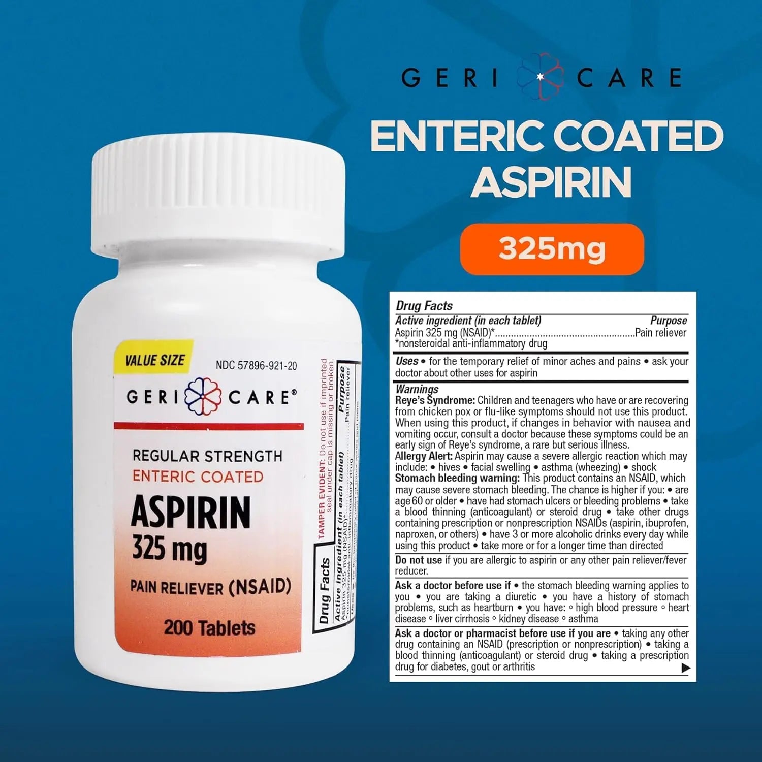 GeriCare Enteric Coated Aspirin Tablets 325mg (200 Count) NSAID Pain Reliever & Fever Reducer for Adults- Regular Strength Aspirin for Headache Arthritis Menstrual & Muscle Pain GeriCare buy supplements canada