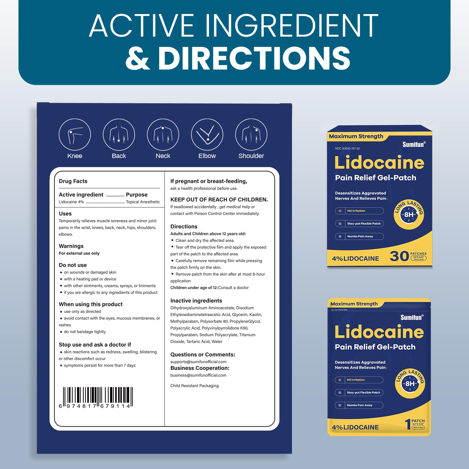 Sumifun 4% Lidocaine Pain Relief Patches 30 Count Maximum Strength Numbing Gel Patch for Back Knee Neck Joint Ache Muscle Soreness Topical Analgesic Sumifun buy supplements canada