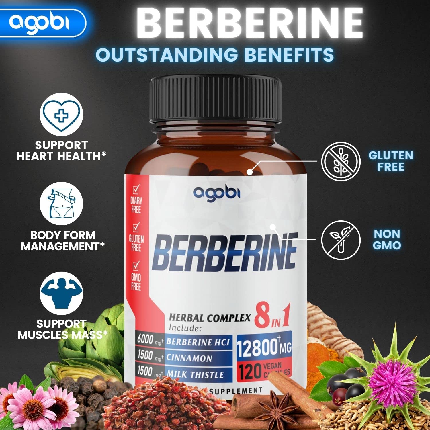 120 Capsules - Berberine Supplement 12800mg with Ceylon, Milk Thistle, Turmeric agobi buy supplements canada