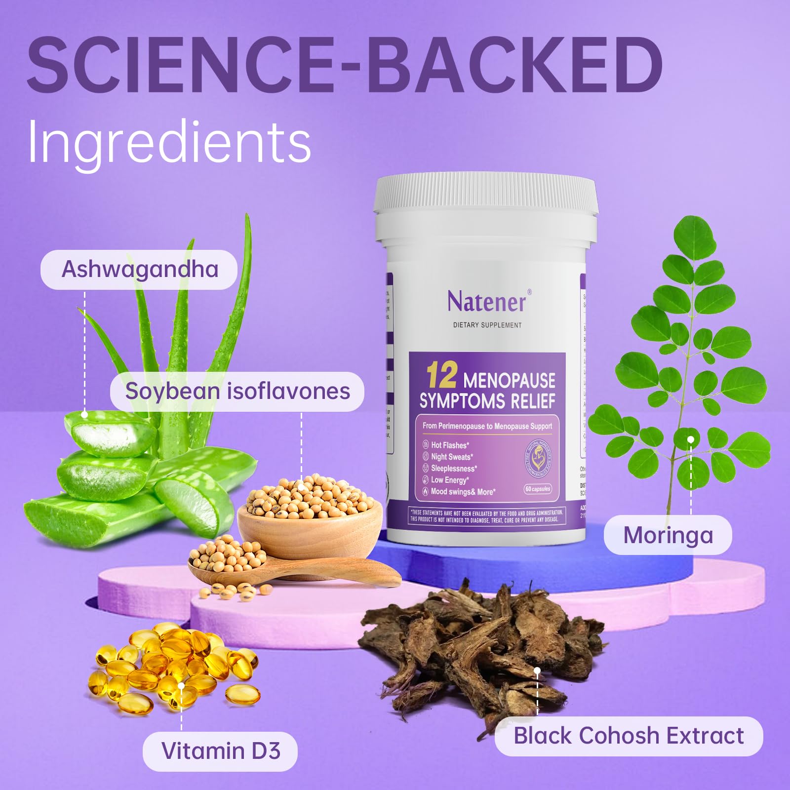 Natener Menopause Supplement for Women, Relieves 12 Menopausal Symptoms* | Black Cohosh + Soy Isoflavones + Ashwagandha + Moringa | for Alleviate Hot Flashes*, Night Sweats*, Weight* & Mood Swings* Natener buy supplements canada