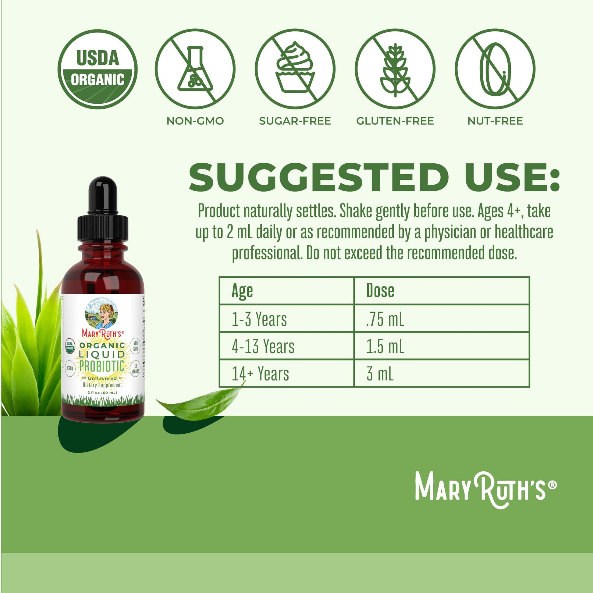MaryRuth Organics Liquid Probiotic for Ages 4+ | 2 Billion CFU | 13 Probiotic Strains | Gut Health & Digestive Support | Gas & Bloating Support | Vegan | Gluten Free | Travel-Friendly | 20 Servings MARYRUTH'S buy supplements canada