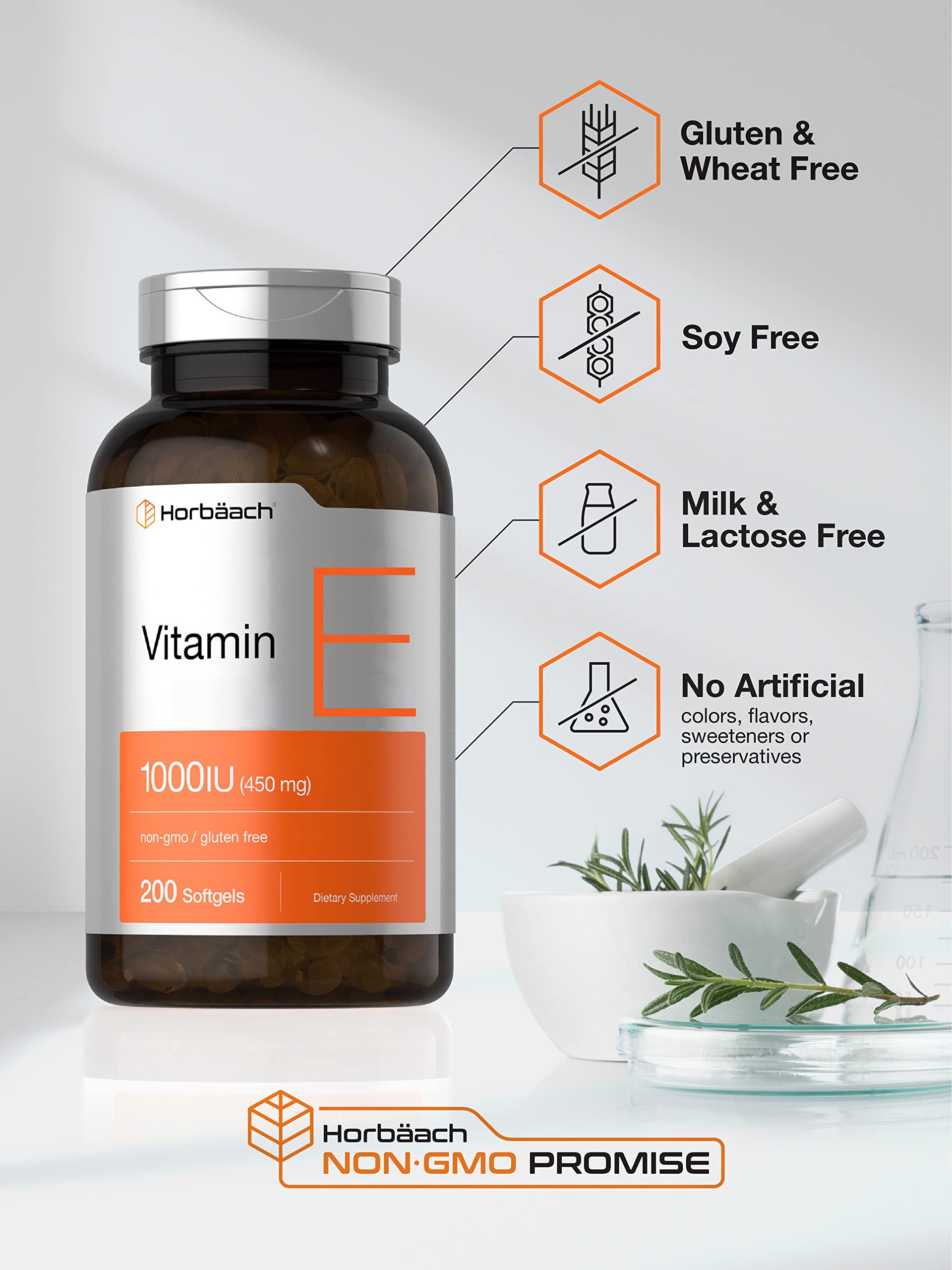 Vitamin E 1000 IU Softgel Capsules | 200 Count | Non-GMO, Gluten Free, Preservative Free Horbäach buy supplements canada