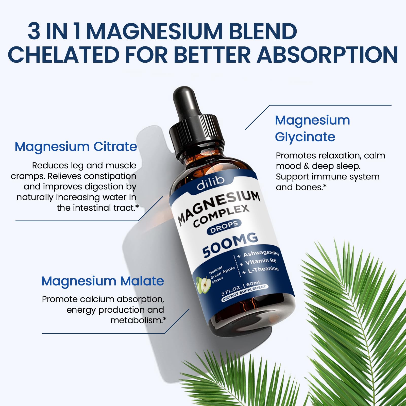 Triple Magnesium Complex Supplement-Magnesium Glycinate, Citrate, Malate Liquid Drops 500mg with Ashwagandha, L-Theanine, B6 for Calm, Stress Relief, Sleep, Muscle Support-Green Apple Flavor dilib buy supplements canada
