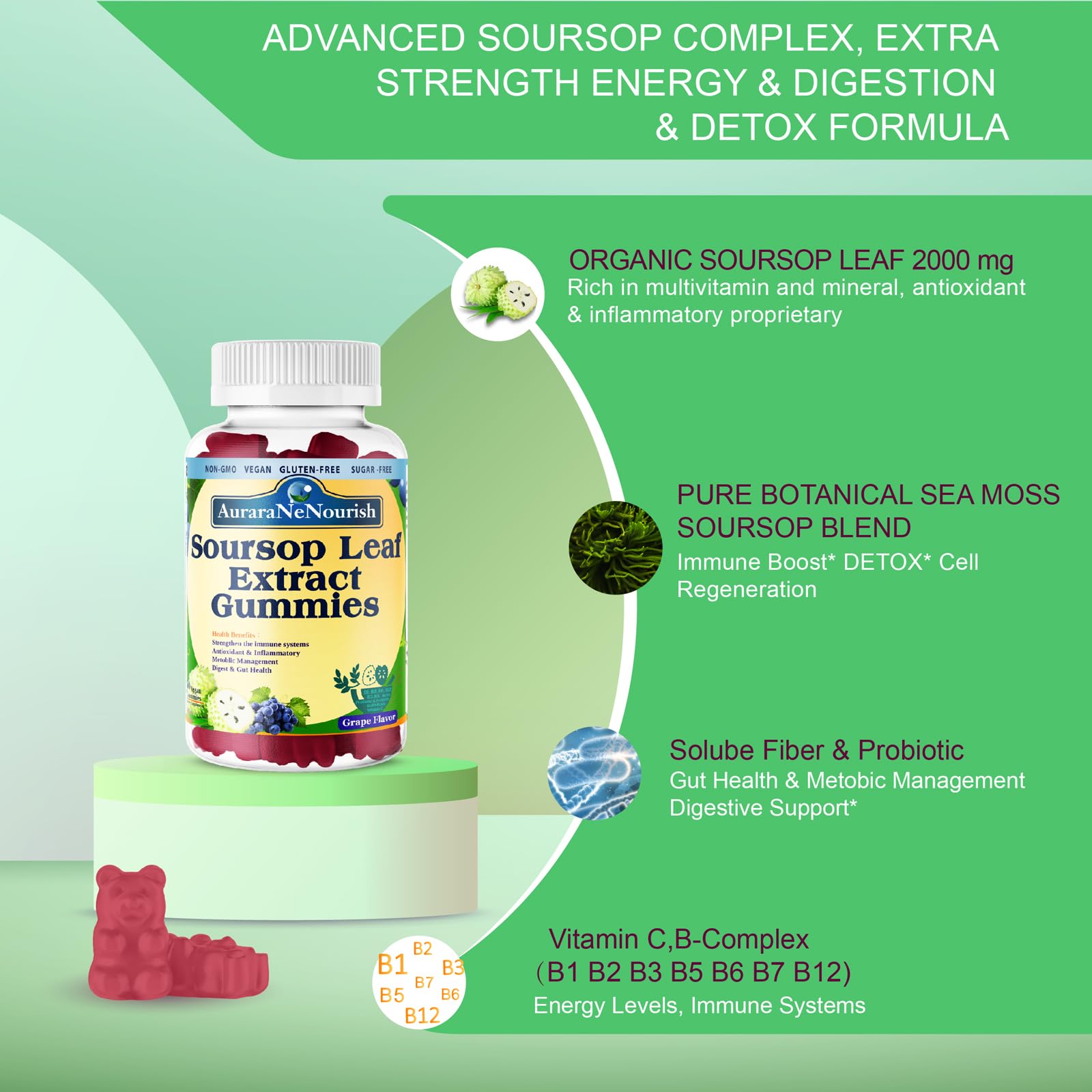 AuraraNeNourish Sugar Free Soursop Gummies with Probiotics & Fiber 100 Billion CFUs, Organic Soursop Leave Extract with Vitamin C B-Complex for Digestive Gut Health, Energy Balance, Immune Boost AuraraNeNourish buy supplements canada