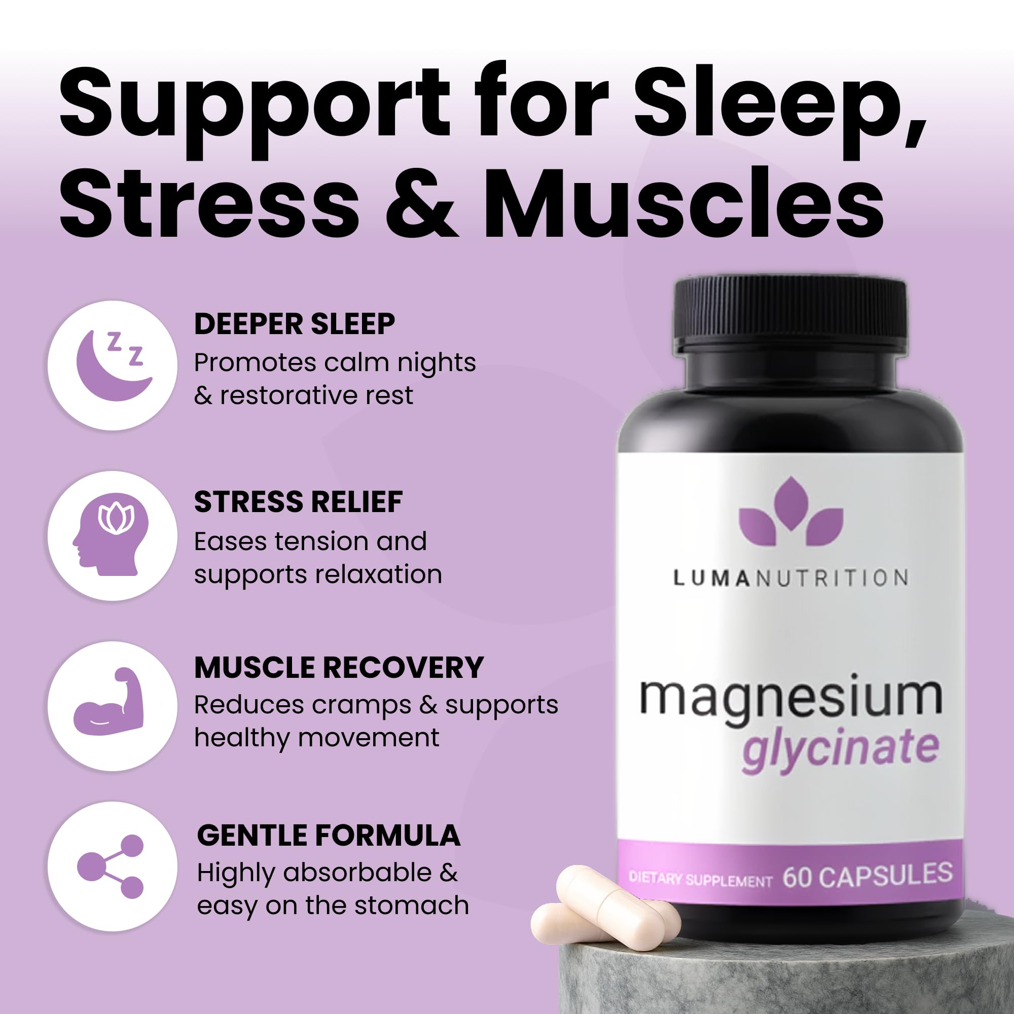Luma Nutrition Magnesium Glycinate 1000mg - Support Stress, Sleep, Nerve & Muscle Health - 500mg Pure Magnesium Supplement Capsules