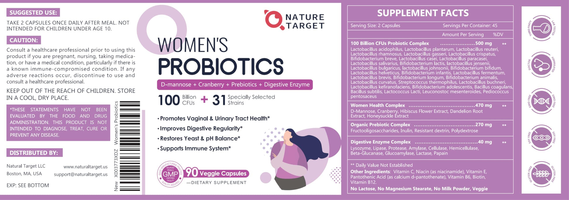 NATURE TARGET Probiotics for Women, 100 Billion CFUs Probiotic with Digestive Enzymes & Prebiotics, Vaginal Probiotics with Cranberry for Urinary Tract Health NATURE TARGET buy supplements canada