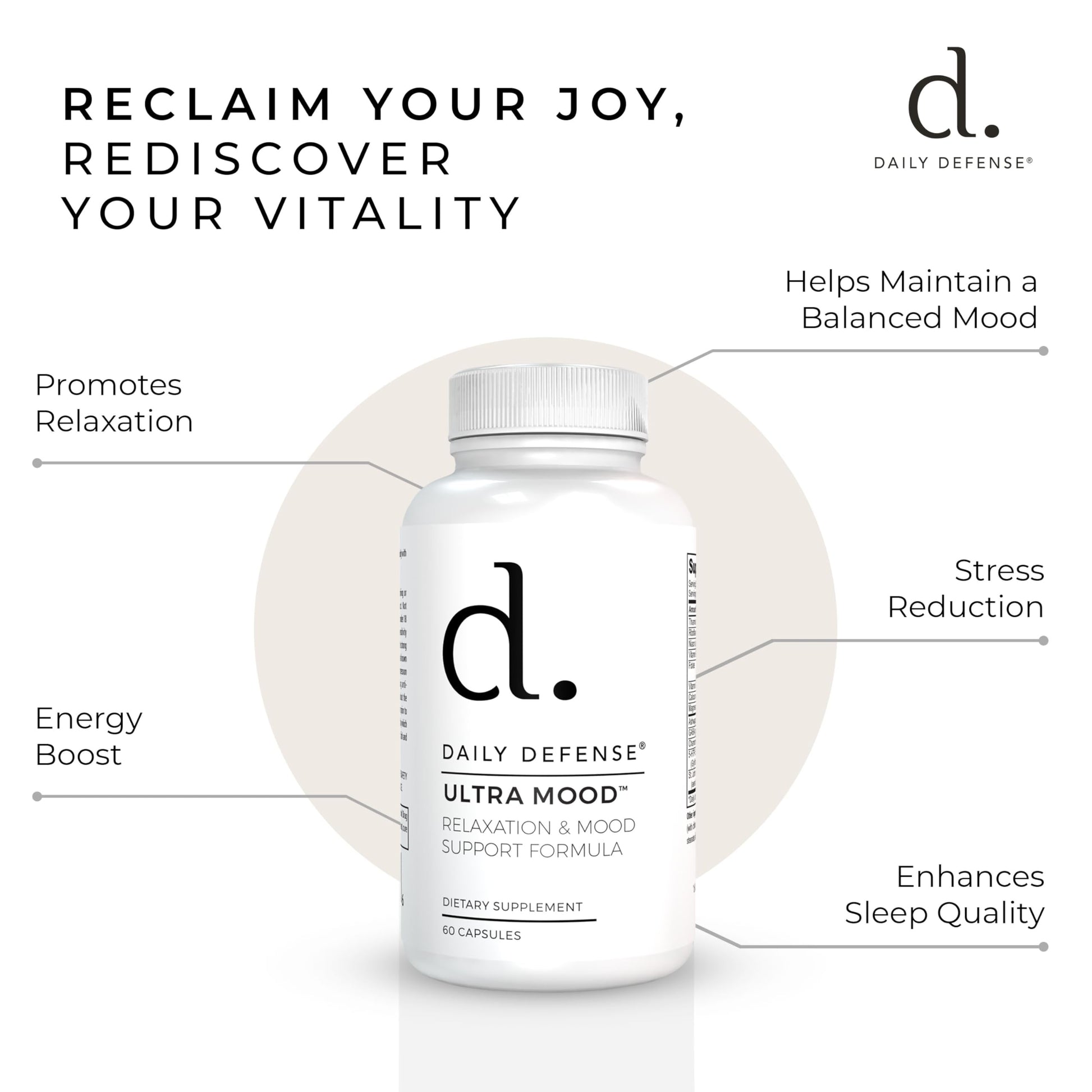 Daily Defense Mood Support Supplement - Ultra Mood 60 Count Mood Enhancer with Calcium Carbonate, Folic Acid, GABA, 5-HTP, Ashwagandha Root Extract & More - Non GMO Mood & Relaxation Supplement Daily Defense buy supplements canada