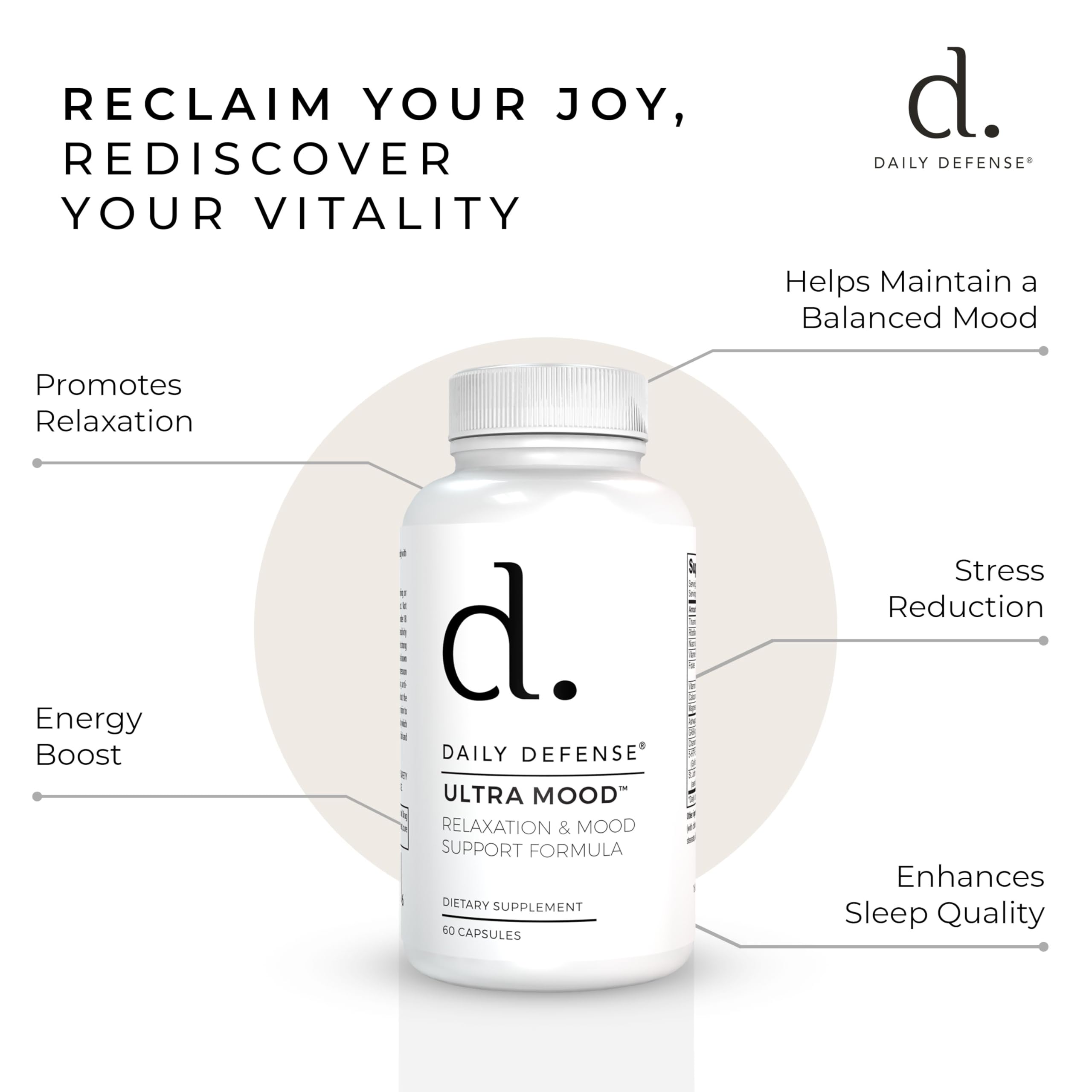 Daily Defense Mood Support Supplement - Ultra Mood 60 Count Mood Enhancer with Calcium Carbonate, Folic Acid, GABA, 5-HTP, Ashwagandha Root Extract & More - Non GMO Mood & Relaxation Supplement Daily Defense buy supplements canada