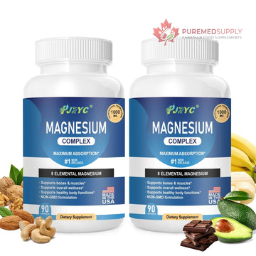 Magnesium Complex Supplement - 1000mg with 8 Magnesium Forms: Glycinate, Citrate, Malate, Taurate & Orotate - Supports Muscle Function, Bone Strength & Relaxation - Vegan, Non-GMO - 180 Capsules PJRYC buy supplements canada