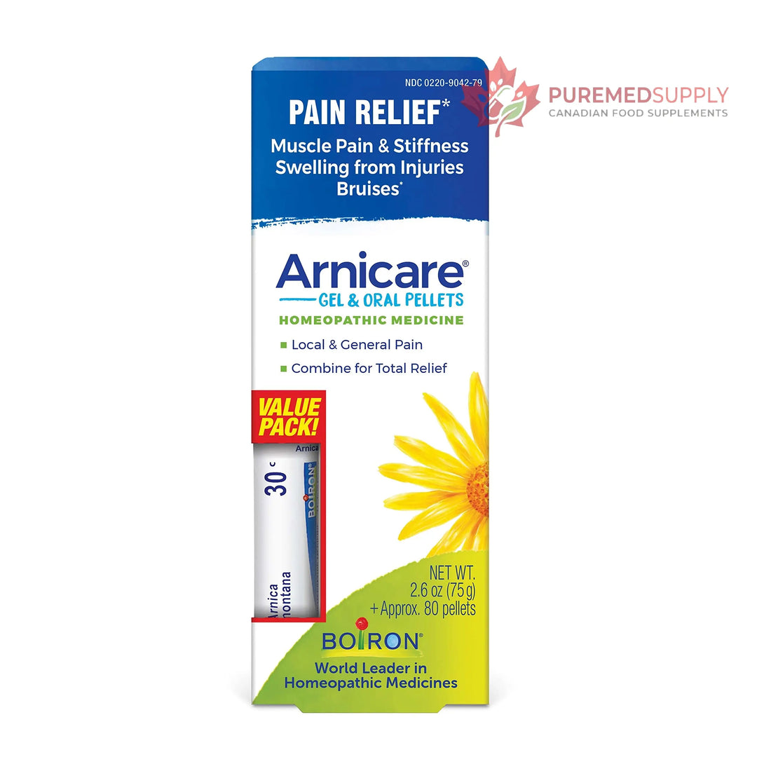 Boiron Arnicare Gel and Arnica 30c Value Pack for Pain Relief, Muscle Soreness, and Swelling from Bruising or Injury - 2.6 oz + 80 Pellet Tube Boiron buy supplements canada