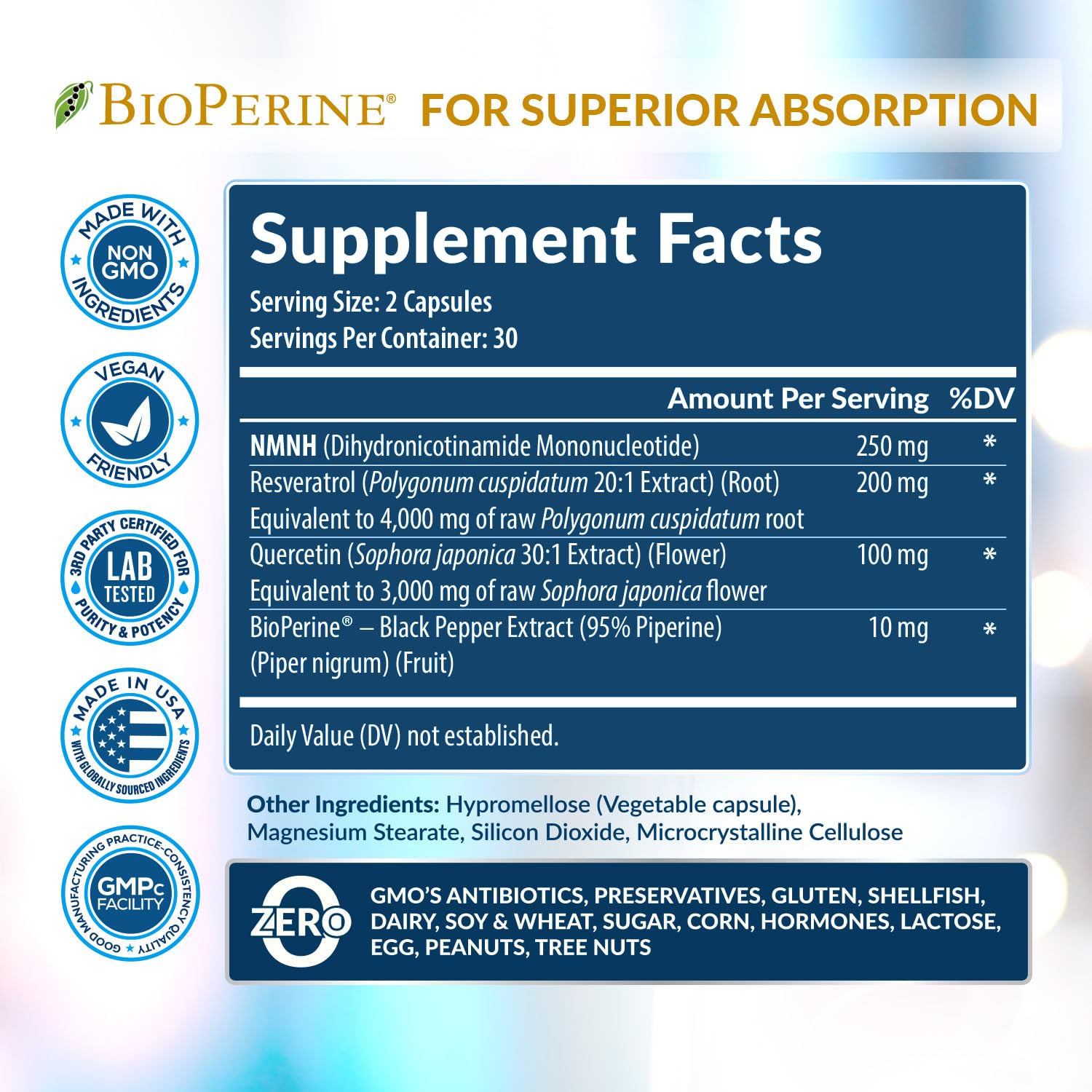 NMNH Supplement (NMN Alternative) NAD Booster for Anti-Aging, Cellular Energy & Nice Skin- Dihydronicotinamide mononucleotide, Resveratrol, Quercetin & BioPerine® for Max Absorption- 60 caps Rainbow Nutrients, LLC buy supplements canada