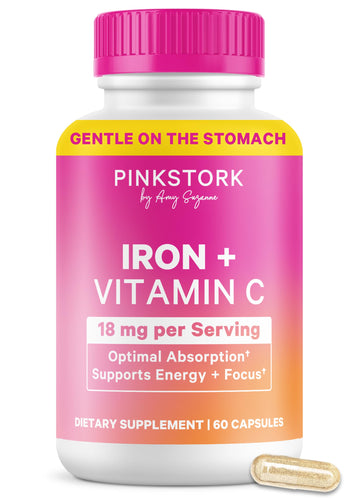 Pink Stork Iron for Women – 18 mg Non-Constipating Iron Bisglycinate + Vitamin C for Optimal Absorption – Energy, Focus, & Oxygen Supply – PMS, Pregnancy, Postpartum & Perimenopause - 60 Capsules Pink Stork buy supplements canada