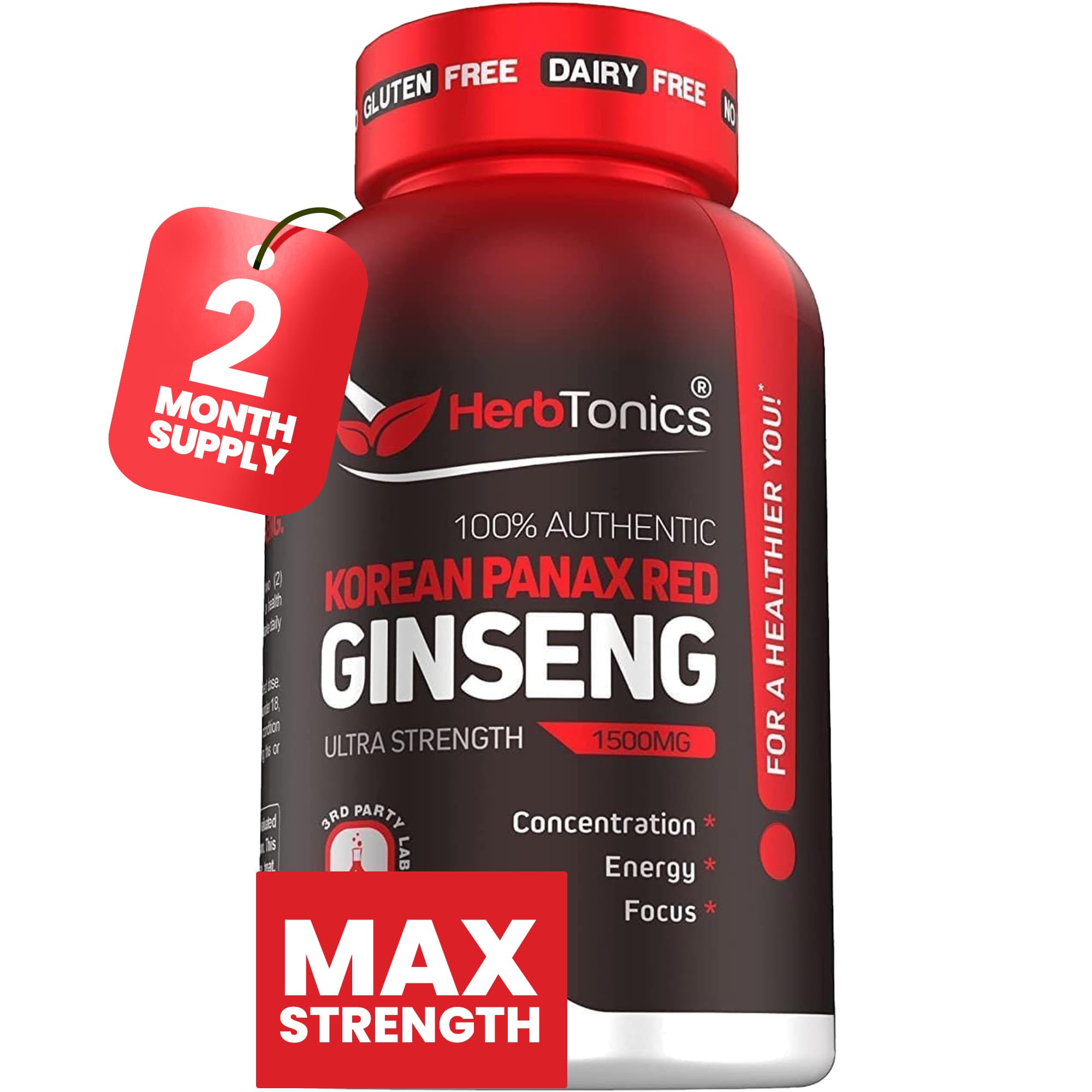 Herbtonics Korean Red Panax Ginseng 1500mg - Energy Supplement for Peak Performance, Focus & Vitality - High Potency Ginseng Root Extract - 120 Vegan Capsules Herbtonics buy supplements canada