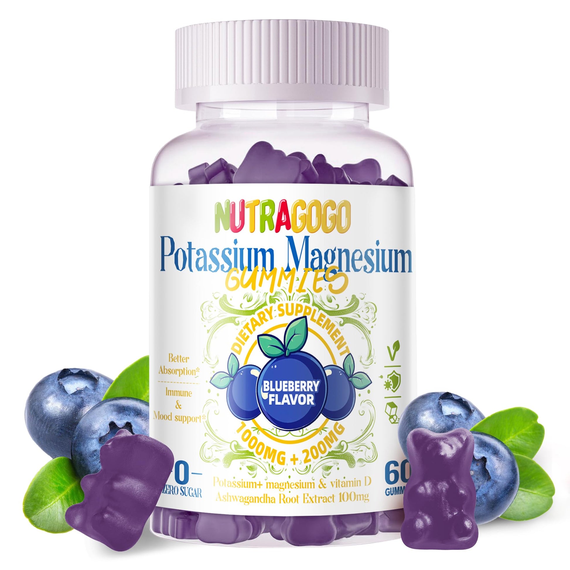 Potassium Magnesium Gummies,Potassium Supplement w/Ashwagandha,High Absorption Magnesium Glycinate,B6,D3,Potassium Citrate for Leg Cramps,Muscle,Electroyte for Adults Kids,Sugar-Free, 60 Gummies NUTRAGOGO buy supplements canada
