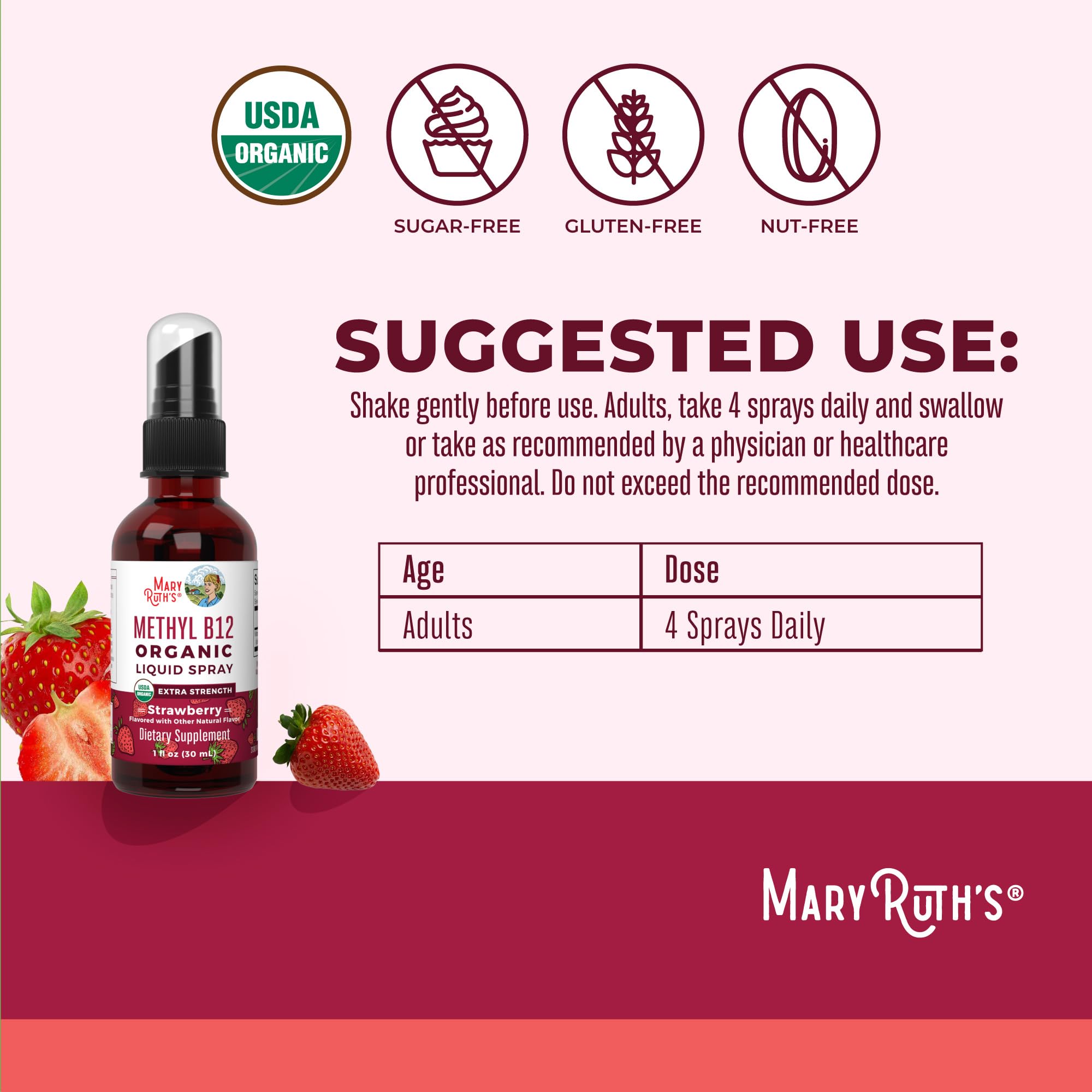 MaryRuth Organics Vitamin B12 Liquid Spray | Vegan, Non-GMO, Gluten-Free | USDA Organic Supplement | Energy & Nervous System Support | B12 Vitamins for Women & Men | 720 mcg | 1 Fl Oz MARYRUTH'S buy supplements canada