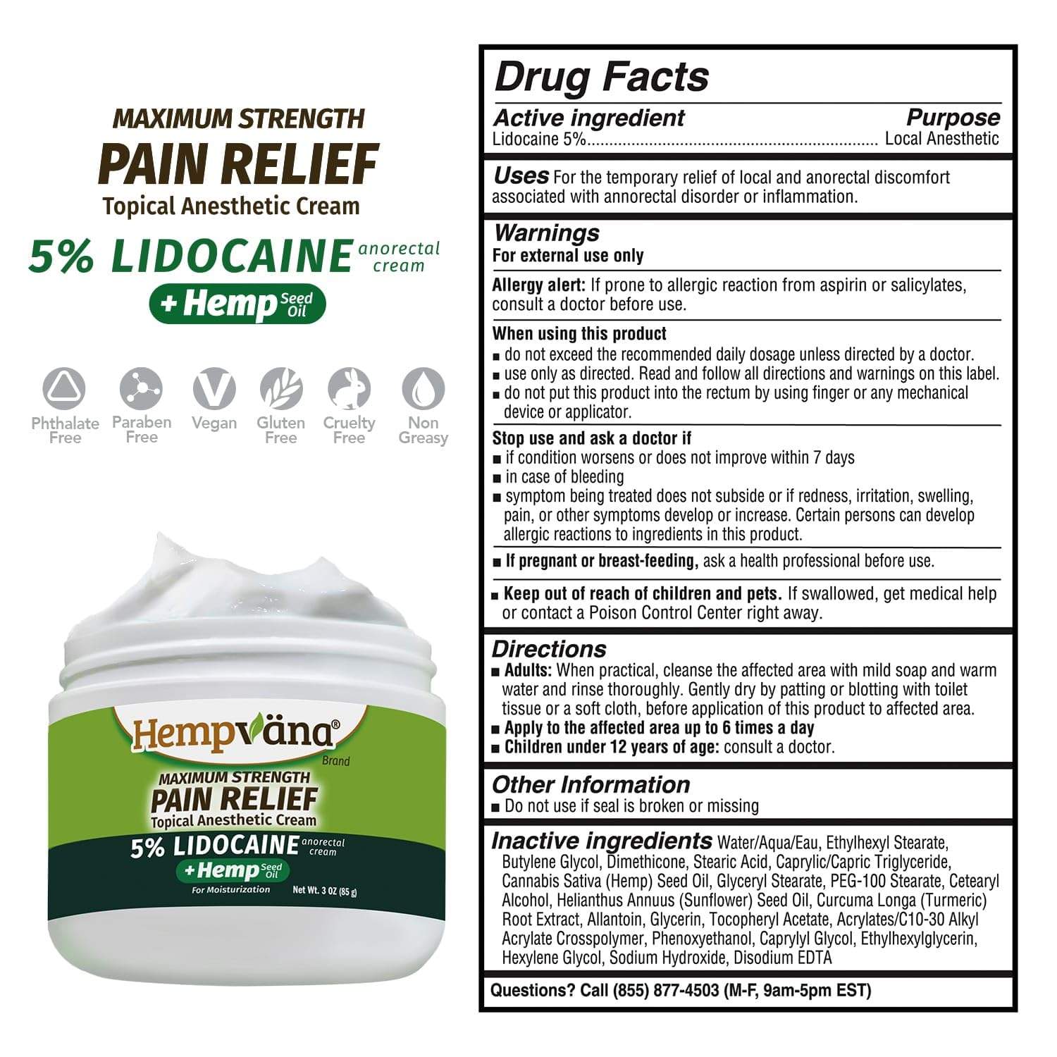 Hempvana 5% Lidocaine Relief Cream, Maximum Strength, AS-SEEN-ON-TV, Strong Cream, Numbs Irritated Nerves for Fast Anorectal Relief, Non-Greasy, Targeted Long-Lasting Relief. Enriched with Hemp, 3 Oz Hempvana buy supplements canada
