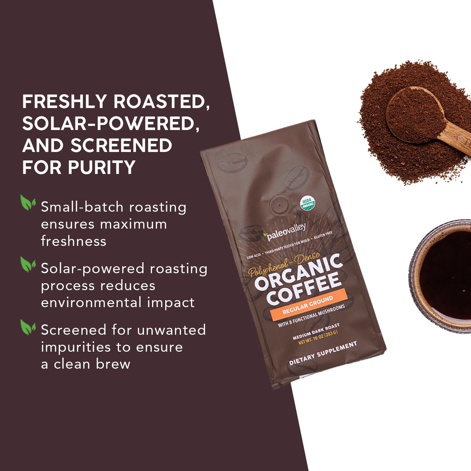 Paleovalley Organic Ground Coffee, 10oz - Regular, Low Acid, Single-Origin, Polyphenol-Rich, Infused with Mushrooms Paleovalley buy supplements canada