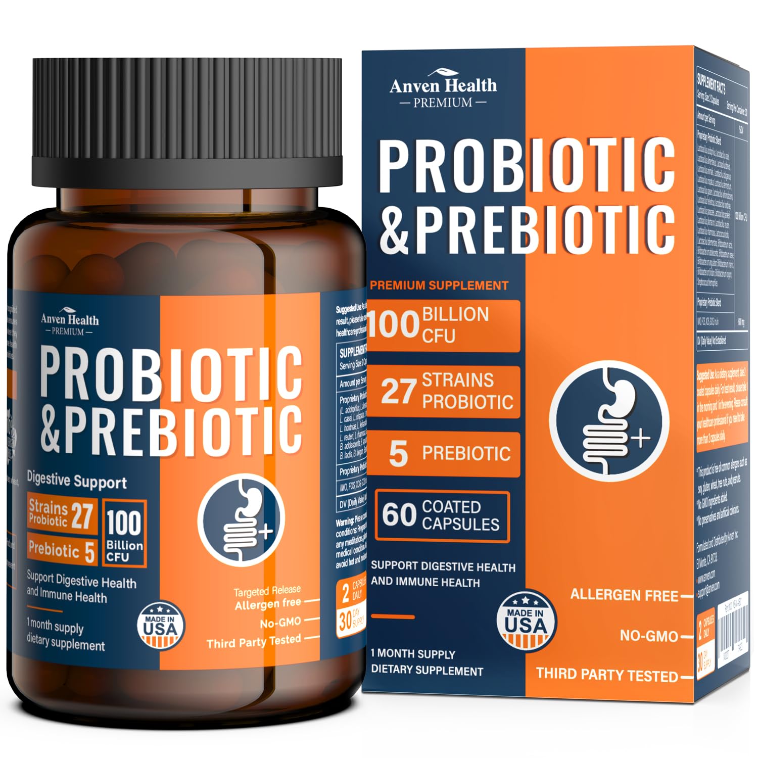 Anven Health 100 Billion Probiotics for Men and Women 27 Strains 5 Organic Prebiotics for Gut Digestive & Immune Health, Supports Diarrhea Gas Bloating, Anven Health buy supplements canada