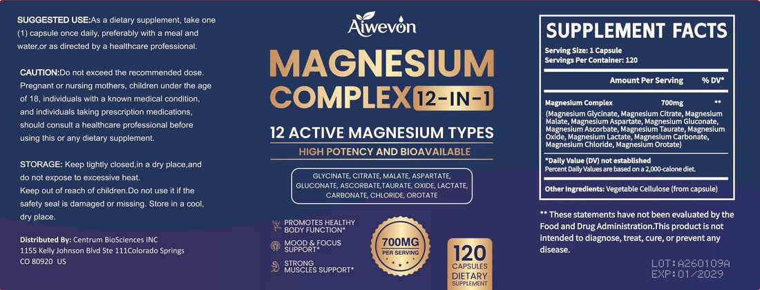 Magnesium Complex 700mg, 12 in 1 Magnesium Supplement with Glycinate, Citrate, Malate, Oxide, Taurate & Orotate, High Absorption Magnesium for Sleep, Muscle, Nerve & Heart Support, Vegan, 120 Capsules Aiwevon buy supplements canada