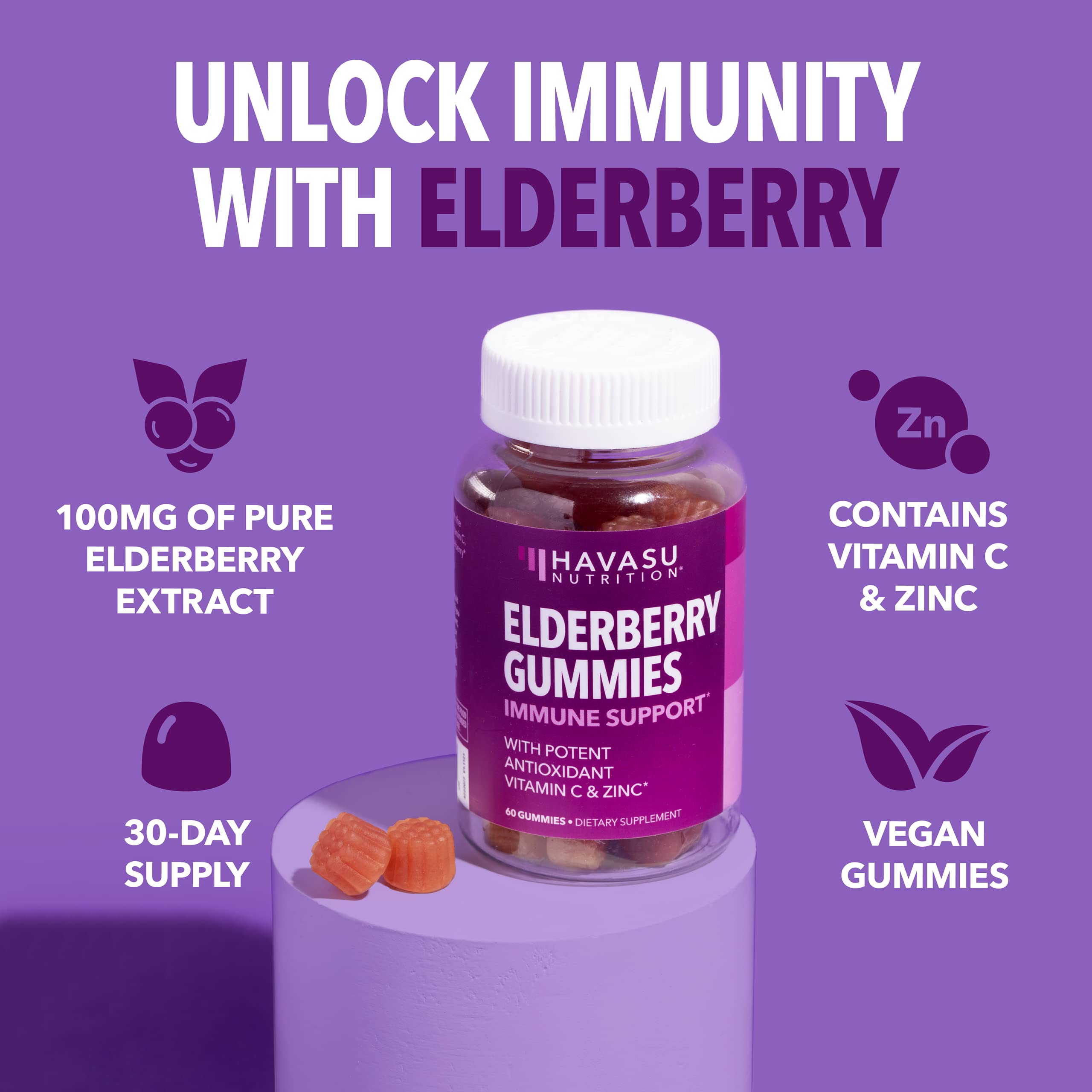 Sambucus Elderberry Gummies for Adults - Immune Support Supplement with Vitamin C and Zinc - Enhanced Formula for Daily Defense - 60 Count HAVASU NUTRITION buy supplements canada