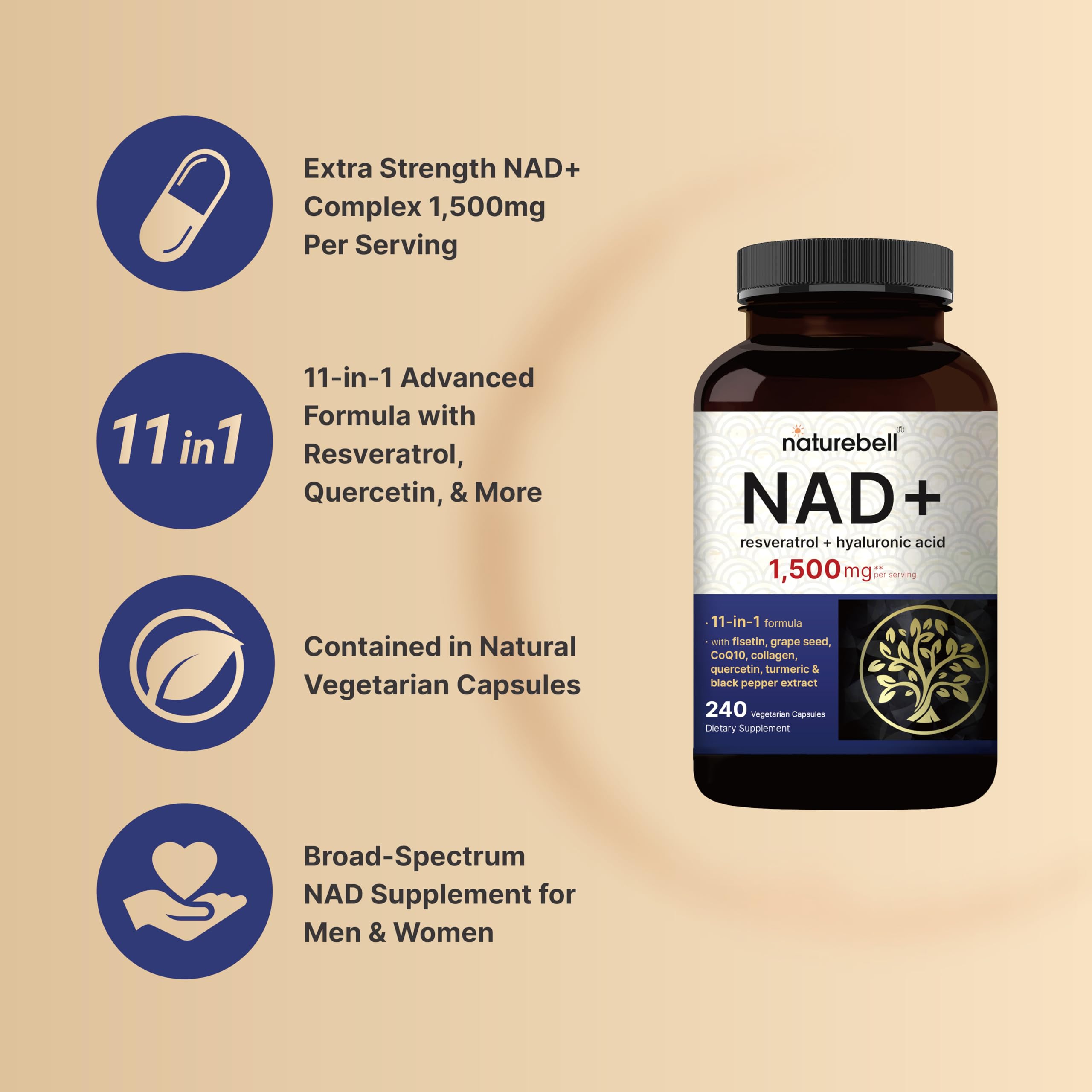 NatureBell NAD+ Complex 1,500mg Per Serving, 240 Veggie Capsules | NMN Supplement Alternative | NAD Plus Resveratrol, Hyaluronic Acid, Quercetin, Fisetin, Collagen, & More – Non-GMO NatureBell buy supplements canada
