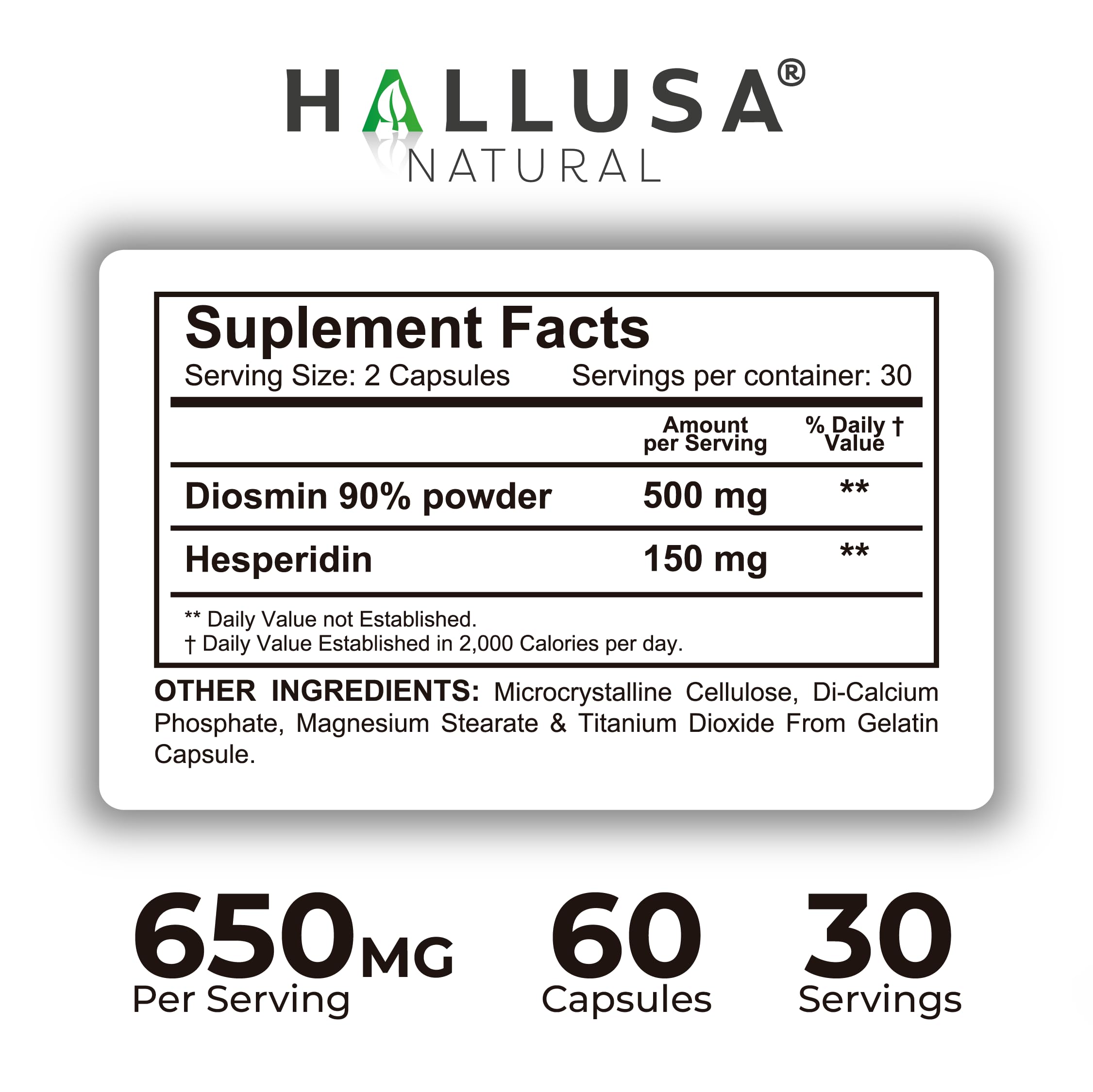 Hallusa Natural Hallosmine Ultra Diosmin 500mg & Hesperidin 150mg – Heavy Legs, Swelling & Vein - Blood Circulation Supplements, 60 Caps Hallusa Natural buy supplements canada
