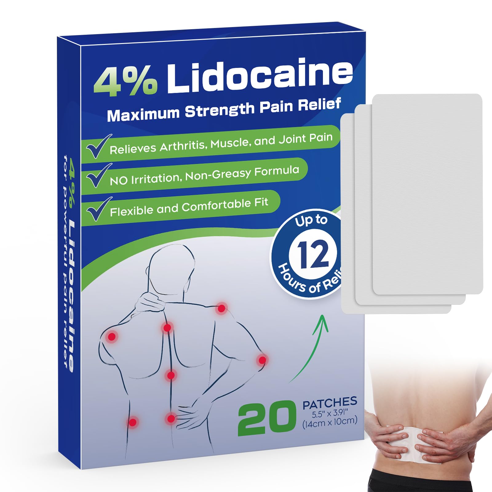 Uposiut 4% Lidocaine Patches - 20 Count Maximum Strength Lidocaine Patches, 10 Packs of 2 Patches for Muscle Pain Relief in The Neck, Shoulders, Back, Knees, and Anks, 12 Hour Pain Relief-012345 Uposiut buy supplements canada