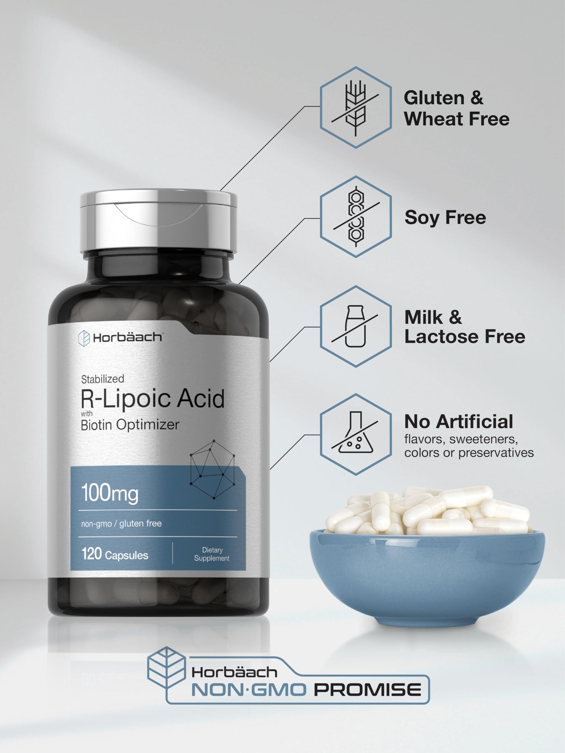 R-Lipoic Acid 100 mg | 120 Capsules | with Biotin Optimizer | Non-GMO, Gluten Free Horbäach buy supplements canada