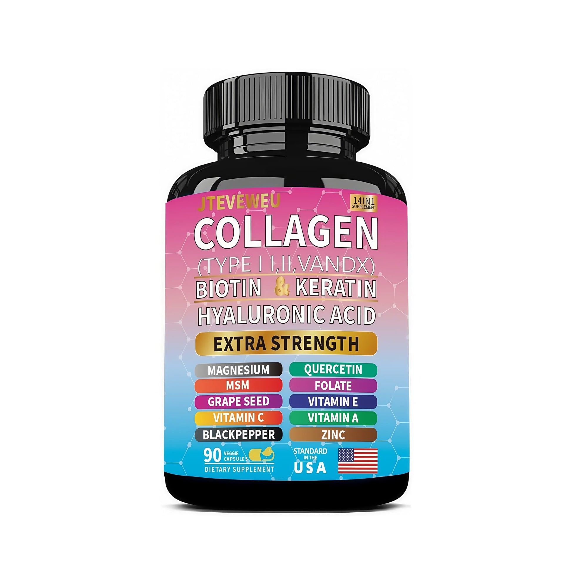 JTEVEweu Collagen Supplement - Type I, II, III, V and X - with Biotin, Keratin, Hyaluronic Acid & 13+ Extra Strength Ingredients - （90 Capsules） JTEVEweu buy supplements canada