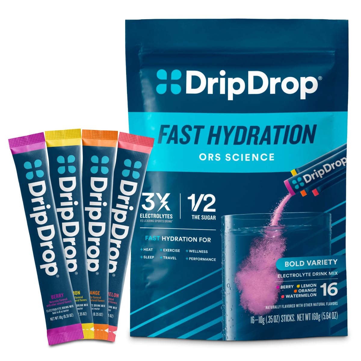 DripDrop Hydration Packets - Bold Variety Pack - Single Serve Electrolytes Powder Drink Mix - Watermelon, Berry, Lemon, Orange DripDrop buy supplements canada