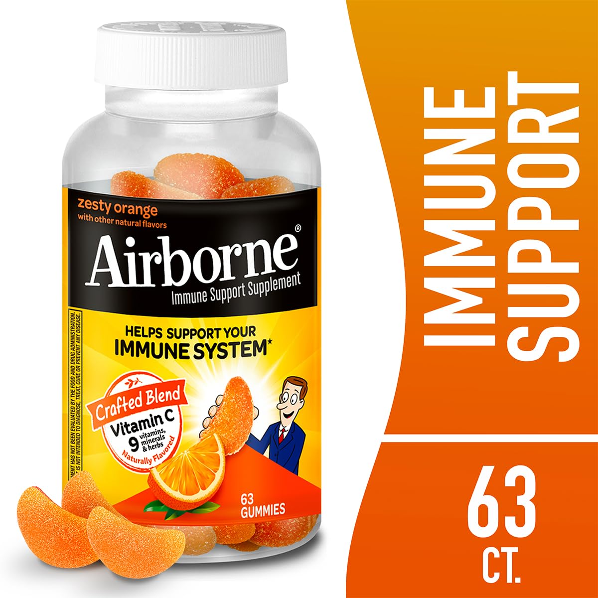 Airborne 750mg Vitamin C Immune Support Supplement Gummies for Adults, Zesty Orange Flavor, Gluten Free Crafted Blend with Powerful Antioxidants Vitamins A C & E, 63 Gummies (3 Pack) Airborne buy supplements canada