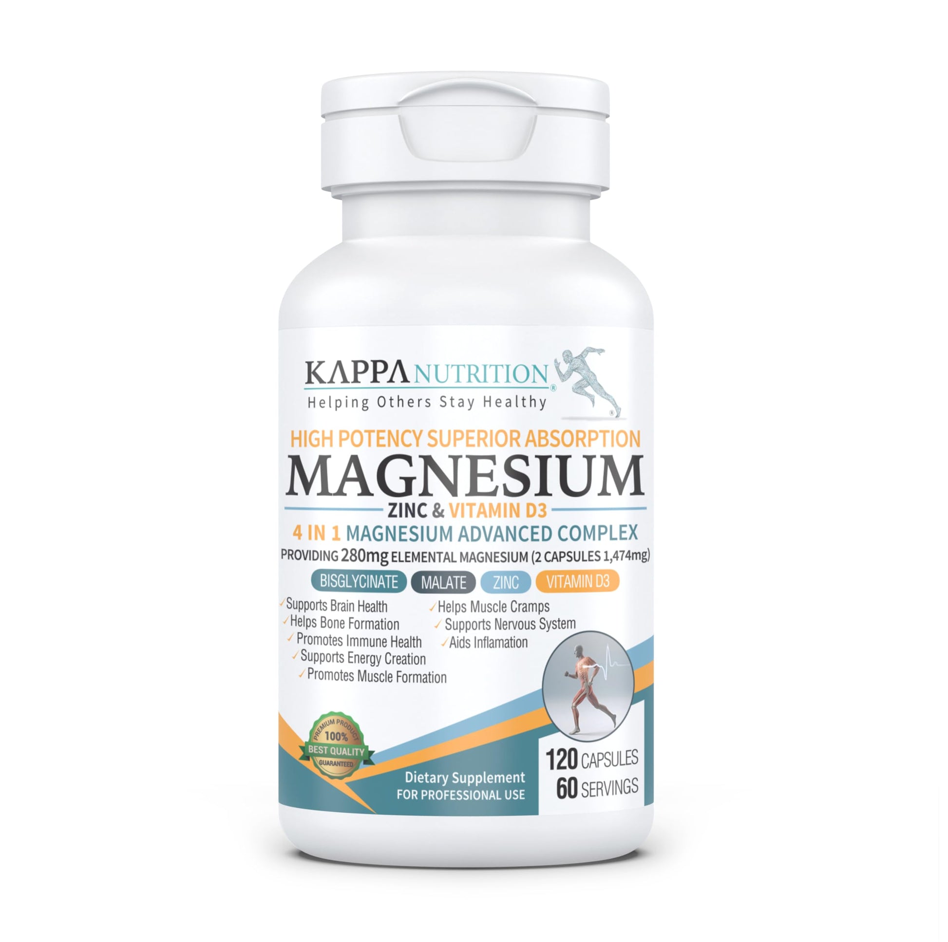 Kappa Nutrition Magnesium 4-in-1, 280mg Elemental Magnesium (Bisglycinate, Malate) + Zinc & Vitamin D3, Brain, Sleep, Energy, Muscle, Immune Support, 120 Vegan Capsules. KAPPA NUTRITION buy supplements canada