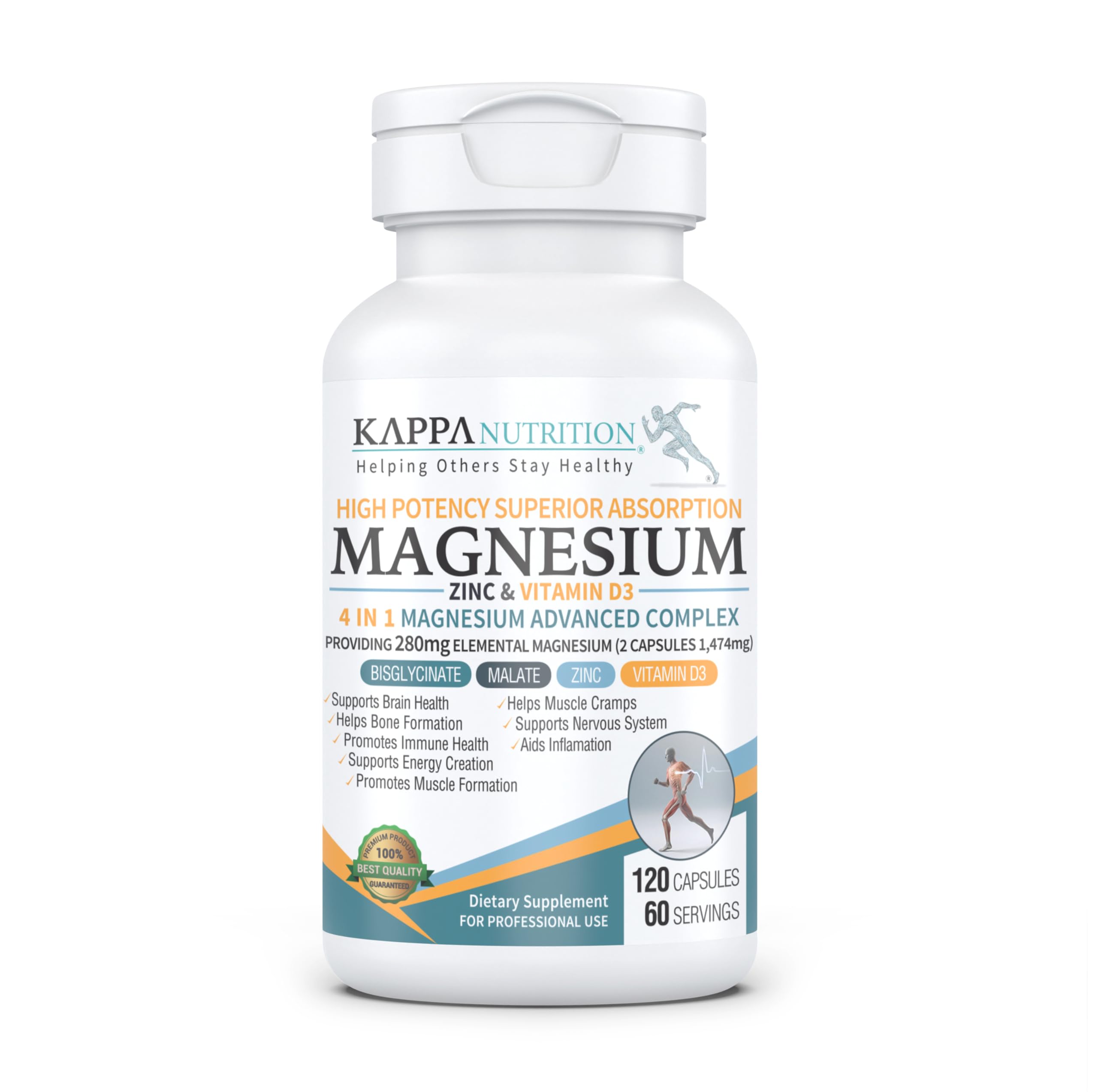 Kappa Nutrition Magnesium 4-in-1, 280mg Elemental Magnesium (Bisglycinate, Malate) + Zinc & Vitamin D3, Brain, Sleep, Energy, Muscle, Immune Support, 120 Vegan Capsules. KAPPA NUTRITION buy supplements canada
