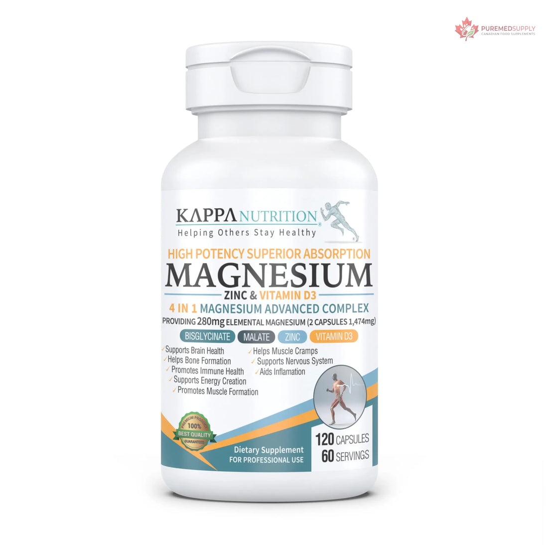 Kappa Nutrition Magnesium 4-in-1, 280mg Elemental Magnesium (Bisglycinate, Malate) + Zinc & Vitamin D3, Brain, Sleep, Energy, Muscle, Immune Support, 120 Vegan Capsules. KAPPA NUTRITION buy supplements canada