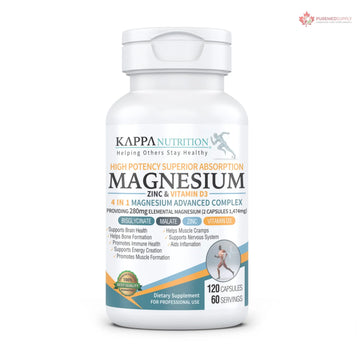 Kappa Nutrition Magnesium 4-in-1, 280mg Elemental Magnesium (Bisglycinate, Malate) + Zinc & Vitamin D3, Brain, Sleep, Energy, Muscle, Immune Support, 120 Vegan Capsules. KAPPA NUTRITION buy supplements canada