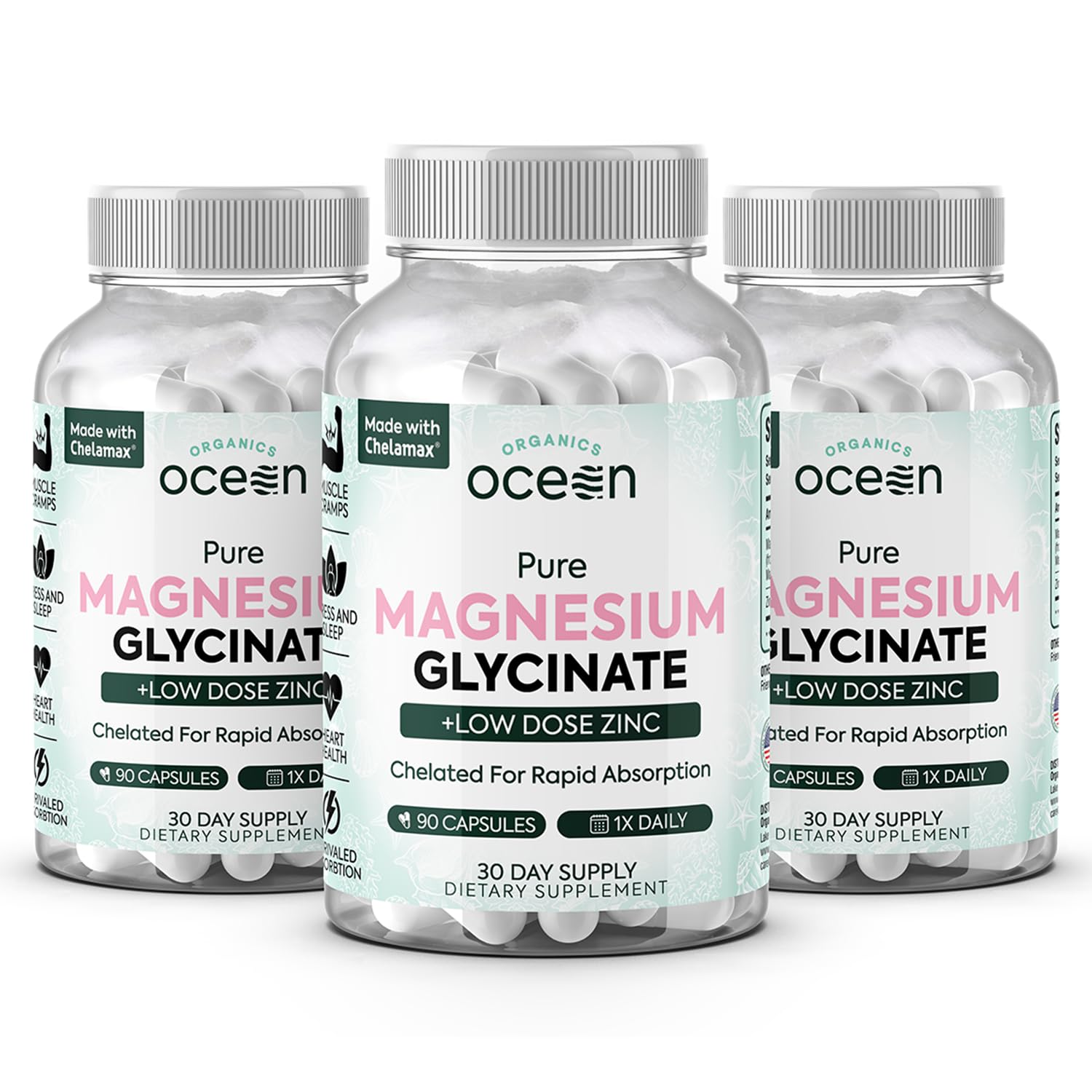 Organics Ocean Pure Magnesium Glycinate with Zinc - Maximum Strength Chelated Magnesium Supplement for Women and Men for Muscle Cramps and Sleep Support - 3 Bottles Organics Ocean buy supplements canada