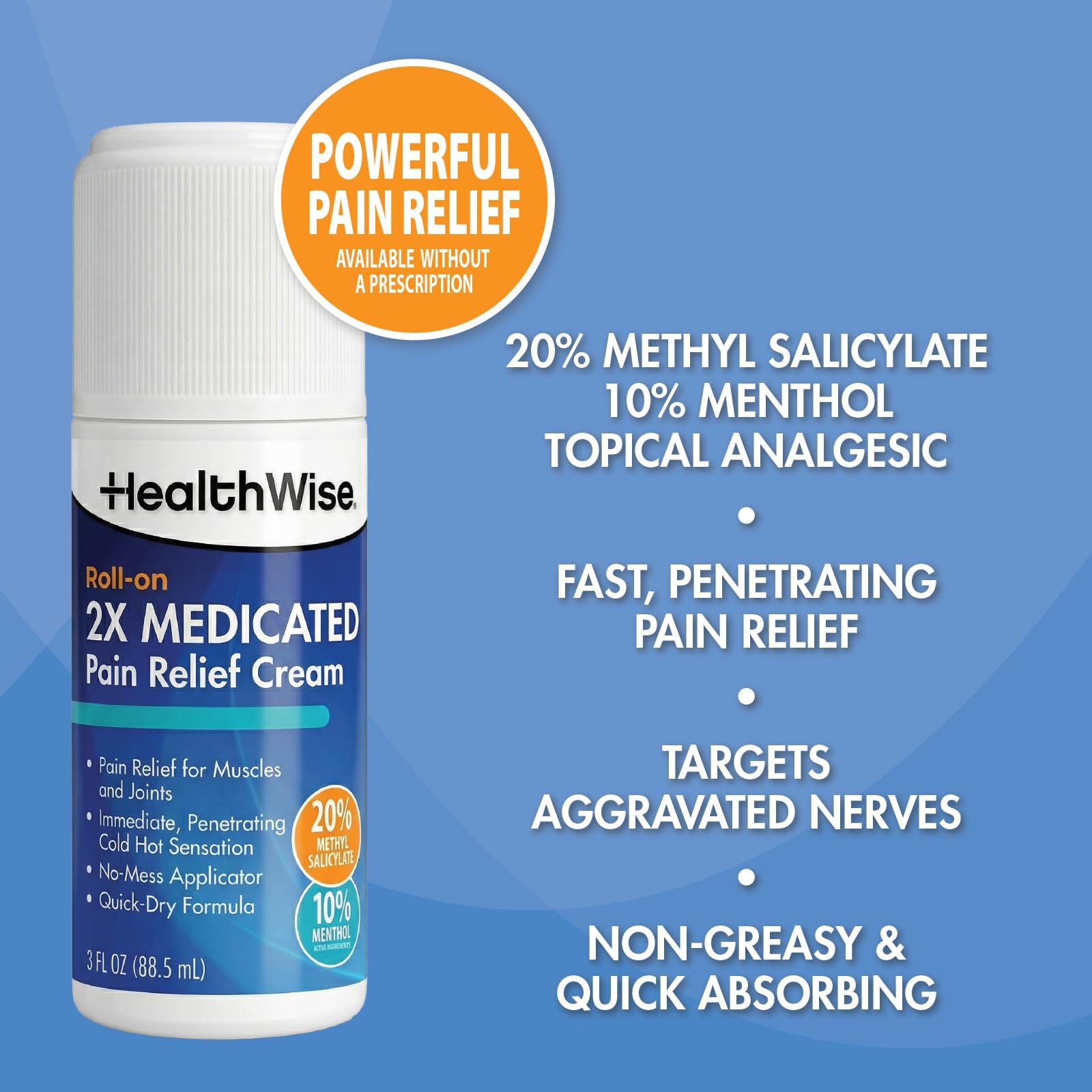 HealthWise 2X Medicated Roll-On | 10% Menthol + 20% Methyl Salicylate | Pain Relief Cream | 3 oz. 88.5 mL | Quick-Dry Formula | Immediate Penetrating Action | Topical Analgesic HealthWise buy supplements canada