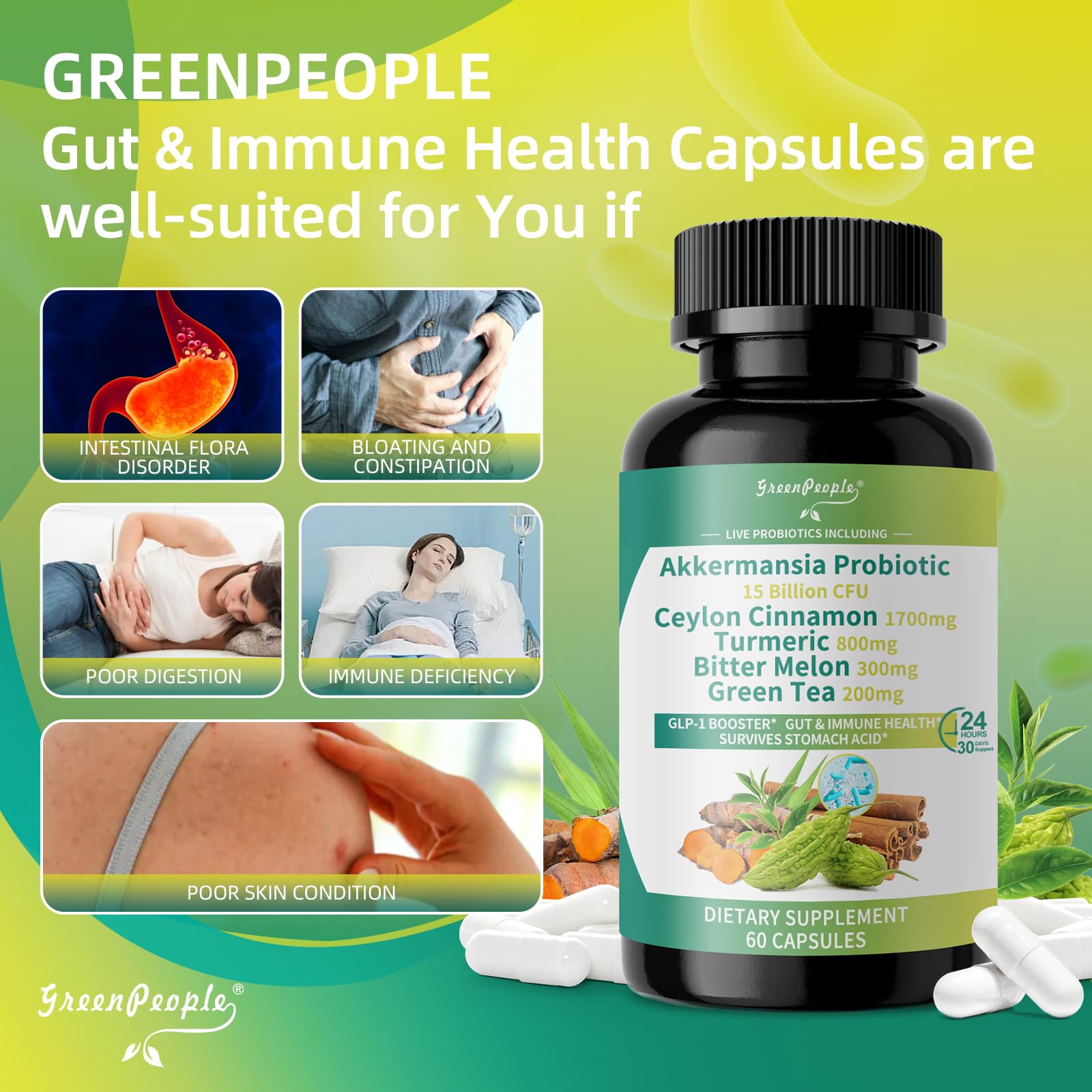 GREENPEOPLE Akkermansia Probiotics 15B CFU for Gut Function, 60CT Probiotics Supplement with Ceylon Cinnamon, Turmeric | Digestive Health & Metabolic Support GREENPEOPLE buy supplements canada