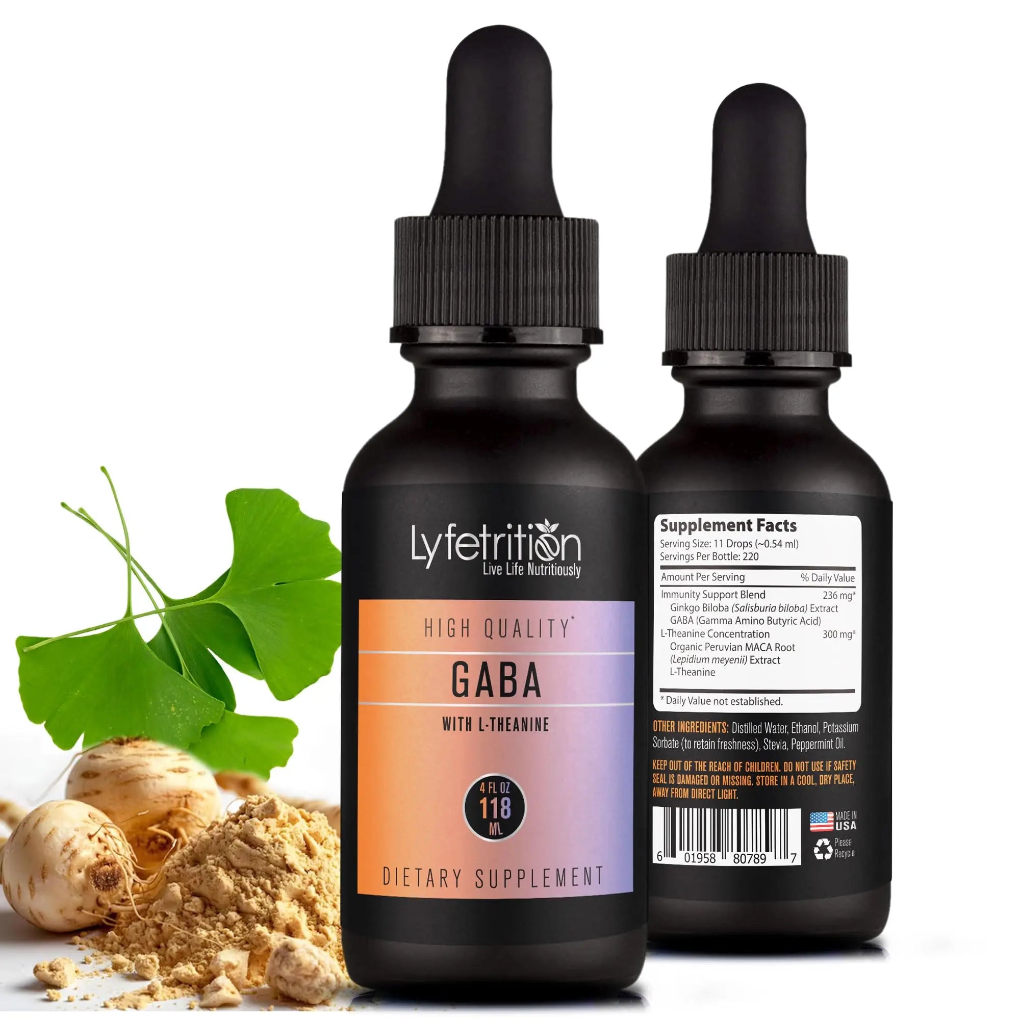 Lyfetrition GABA with L-Theanine, Ginkgo Biloba (Salisburia biloba) Extract, Organic Peruvian MACA Root (Lepidium meyenii) Extract, 118 ml, 4 FL Oz Liquid, 220 Servings, Made in USA, Quick Absorption Lyfetrition buy supplements canada