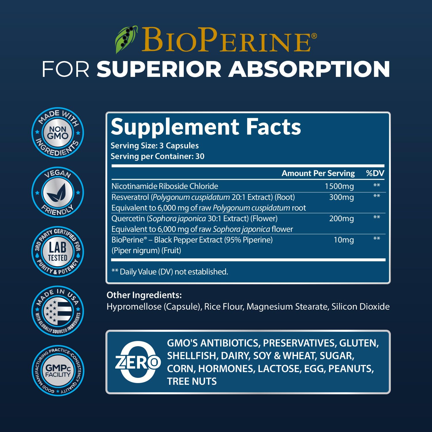 2010 MG NAD+ Supplement- Nicotinamide Riboside, Resveratrol, Quercetin & BioPerine® (High Absorption)- Natural NAD Booster for Anti-Aging, Cellular Energy, Skin- For Women & Men- 90 V Capsules Rainbow Nutrients, LLC buy supplements canada
