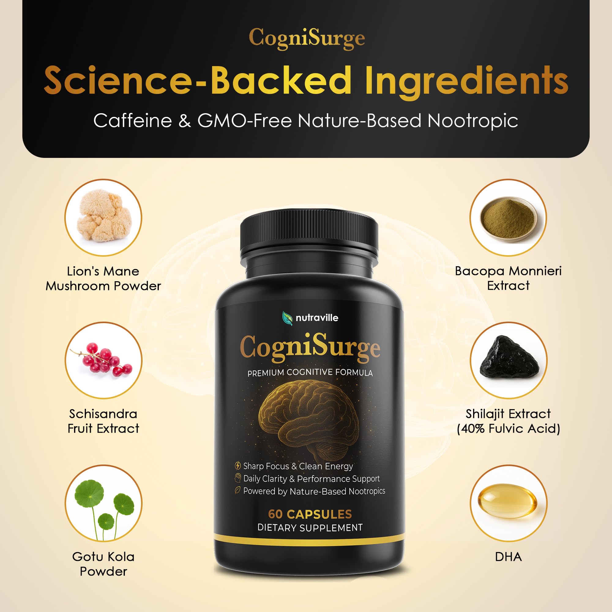 Nutraville CogniSurge Nootropics Brain Support Supplement for Memory and Focus - Nature-Powered Lion's Mane Supplement Capsules with Shilajit - No Caffeine or Stimulants - 30 Servings Nutraville buy supplements canada