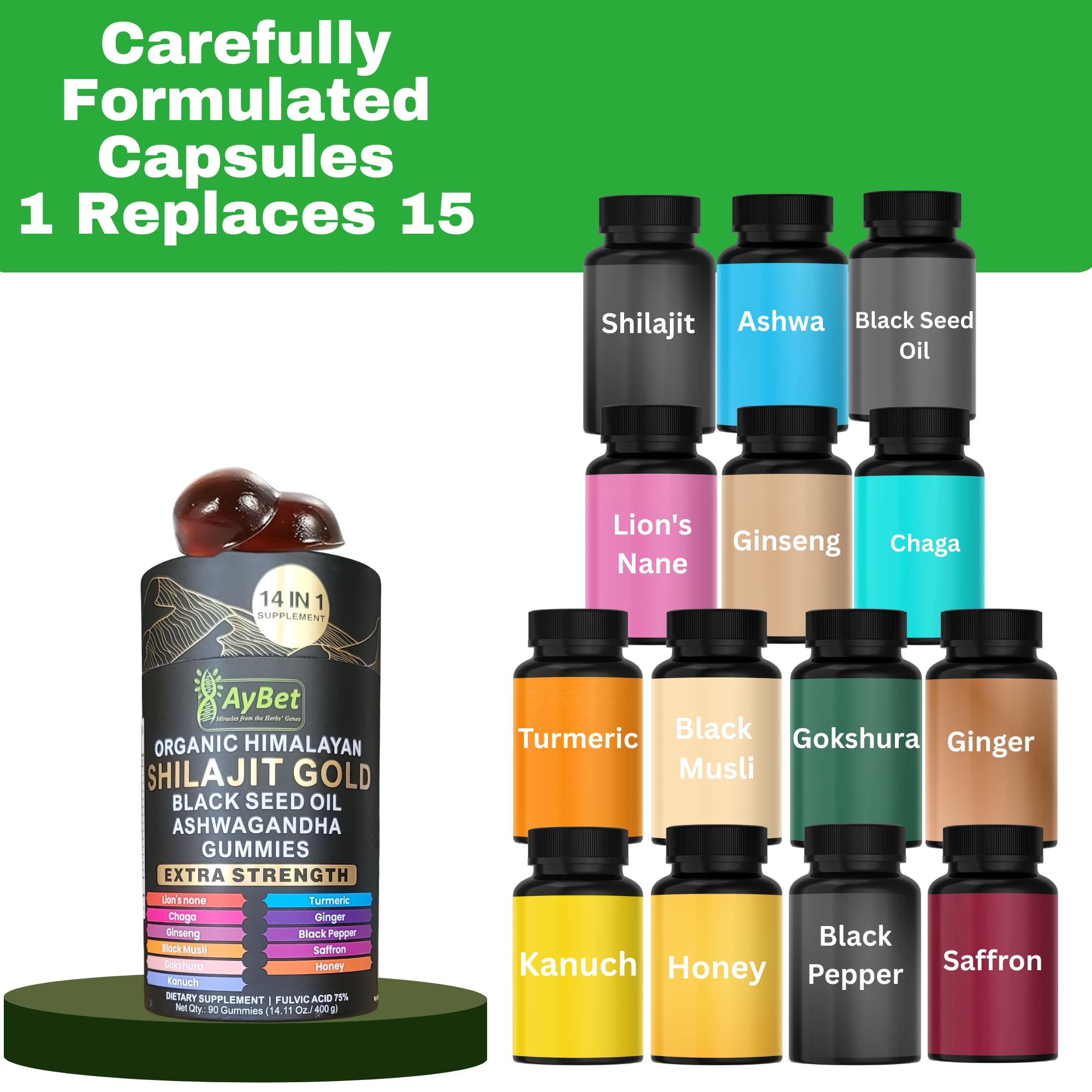 AyBet Organic Himalayan Shilajit Gold Gummies for Men and Women, Black Seed Oil, Ashwagandha, Ginseng, Turmeric, Gokshura, Lion's None, Lab Tested,%75 Fulvic Acid, No Sugar Added, Halal, 90Gummy AyBet buy supplements canada