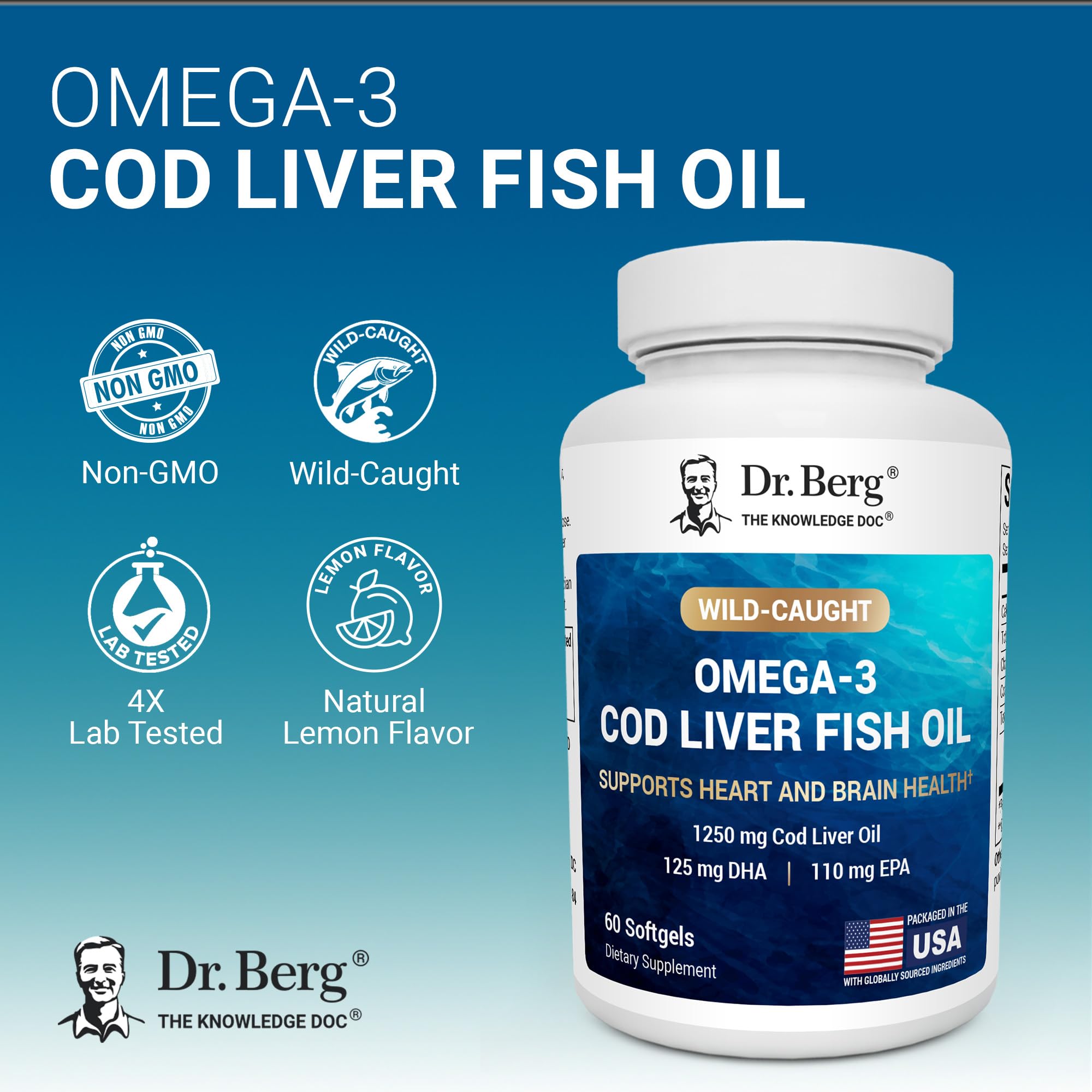 Dr. Berg Omega-3 Cod Liver Fish Oil 60 Softgels – Wild-Caught Icelandic Cod – Omega 3 EPA & DHA – Heart, Brain, Immune & Eye Support* – Lemon Flavor – 4X Lab-Tested – Non-GMO, No Fillers Dr. Berg Nutritionals buy supplements canada